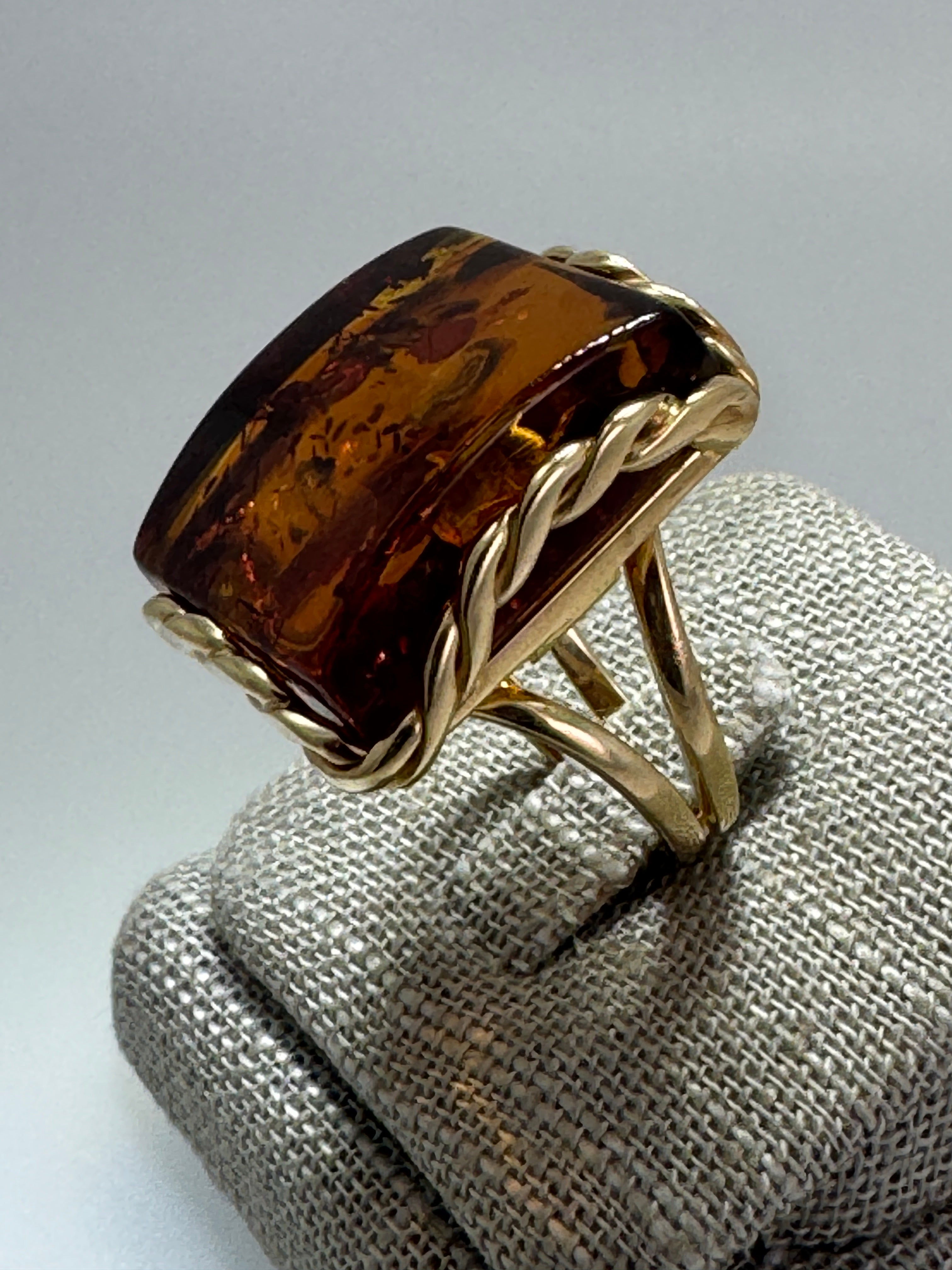 Handmade Poland Gold Plated Sterling Silver Rectangular Cognac Baltic Amber Cocktail Ring Adjustable Size