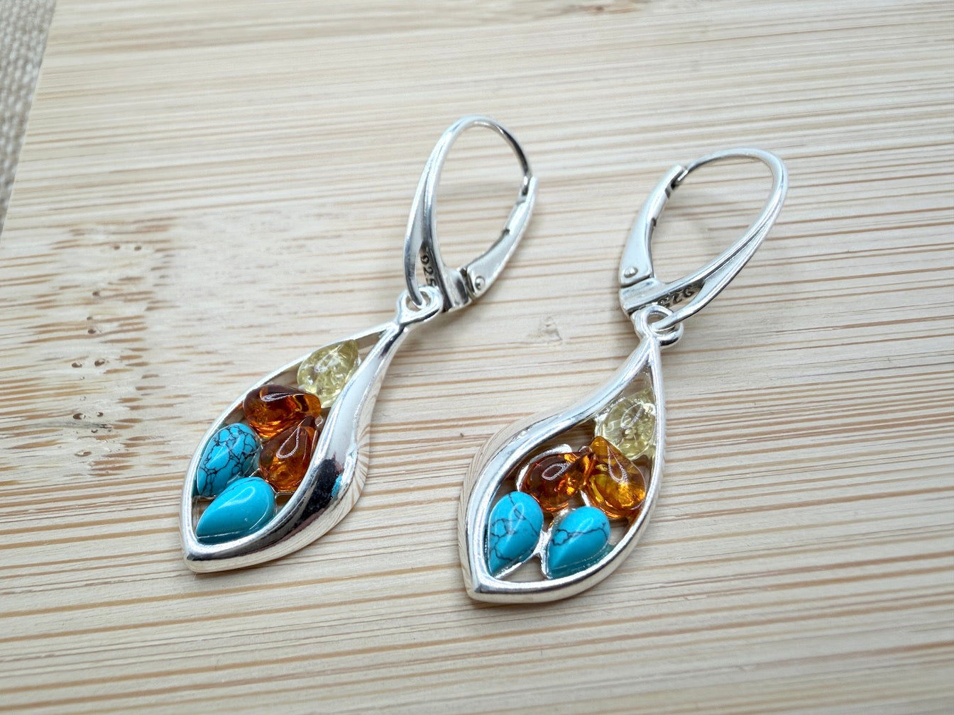 Handmade Poland Sterling Silver Honey & Lemon Baltic Amber + Blue Turquoise Drop Lever Back Earrings