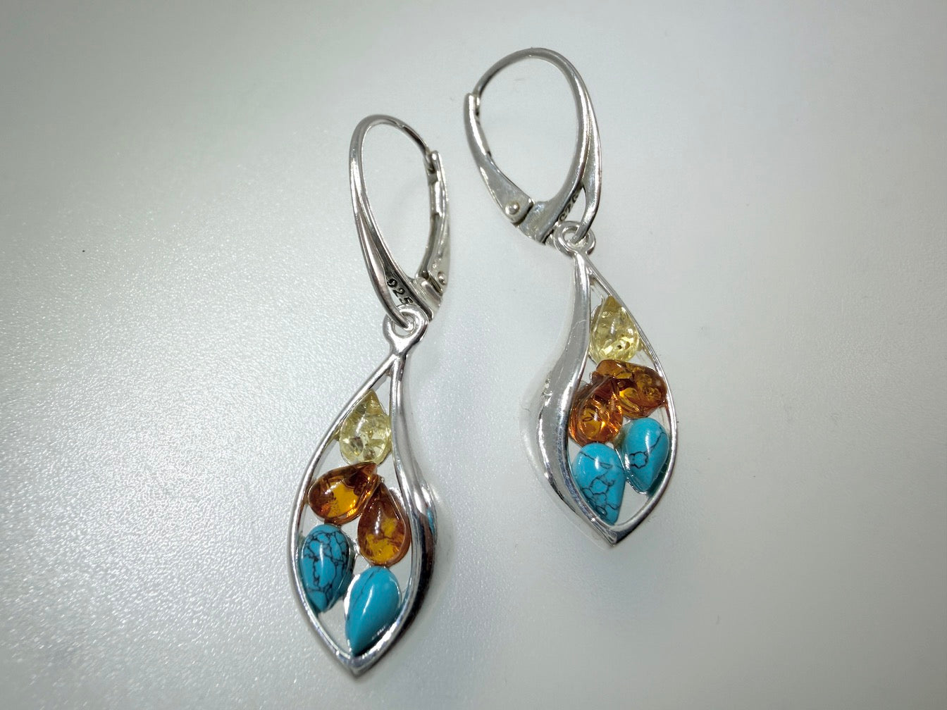 Handmade Poland Sterling Silver Honey & Lemon Baltic Amber + Blue Turquoise Drop Lever Back Earrings