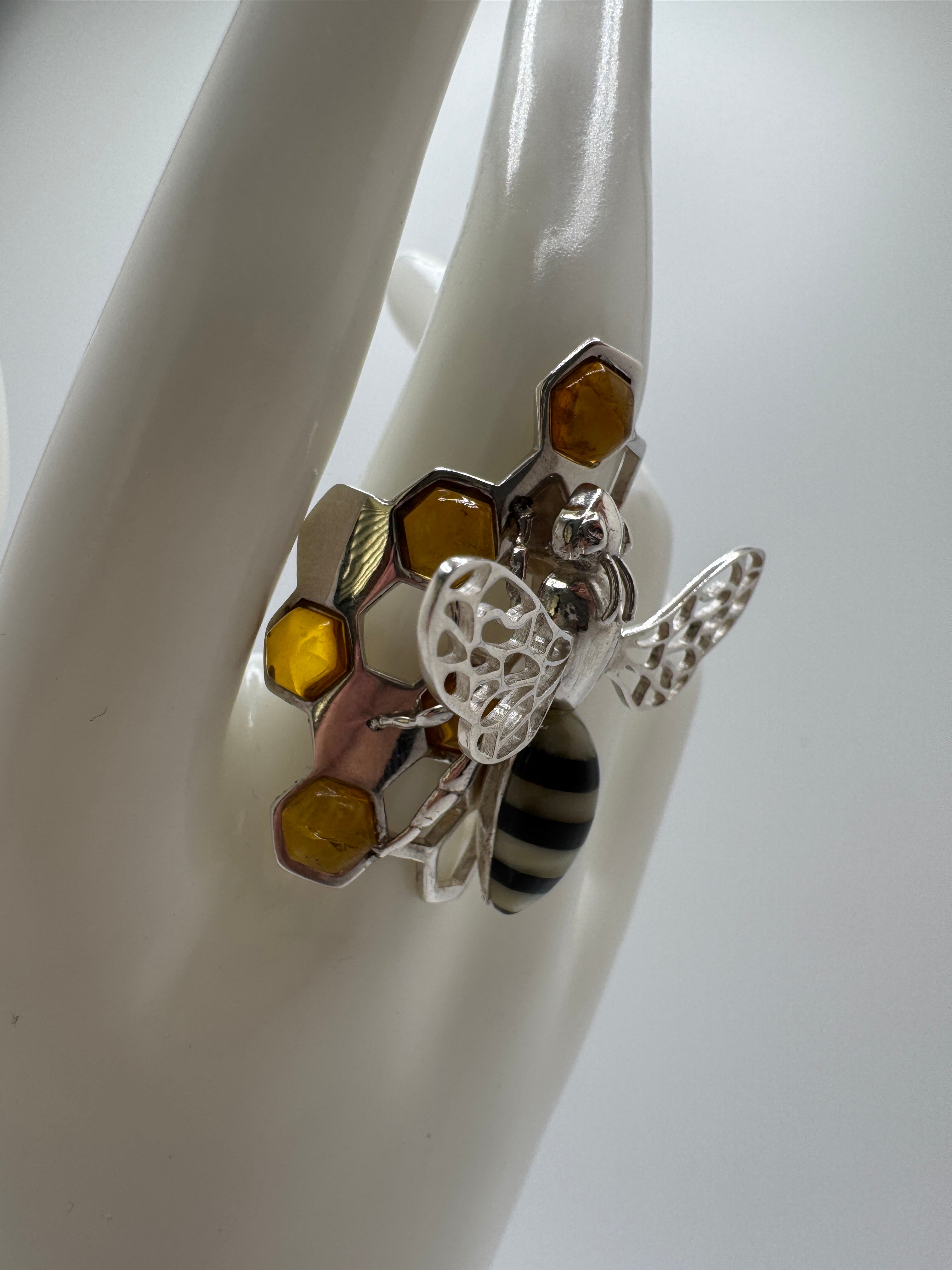 Handmade Sterling Silver Baltic Amber Bumblebee Ring | Honeycomb Design with Honey Amber Cabs | Adjustable One-of-a-Kind Artisan Jewelry