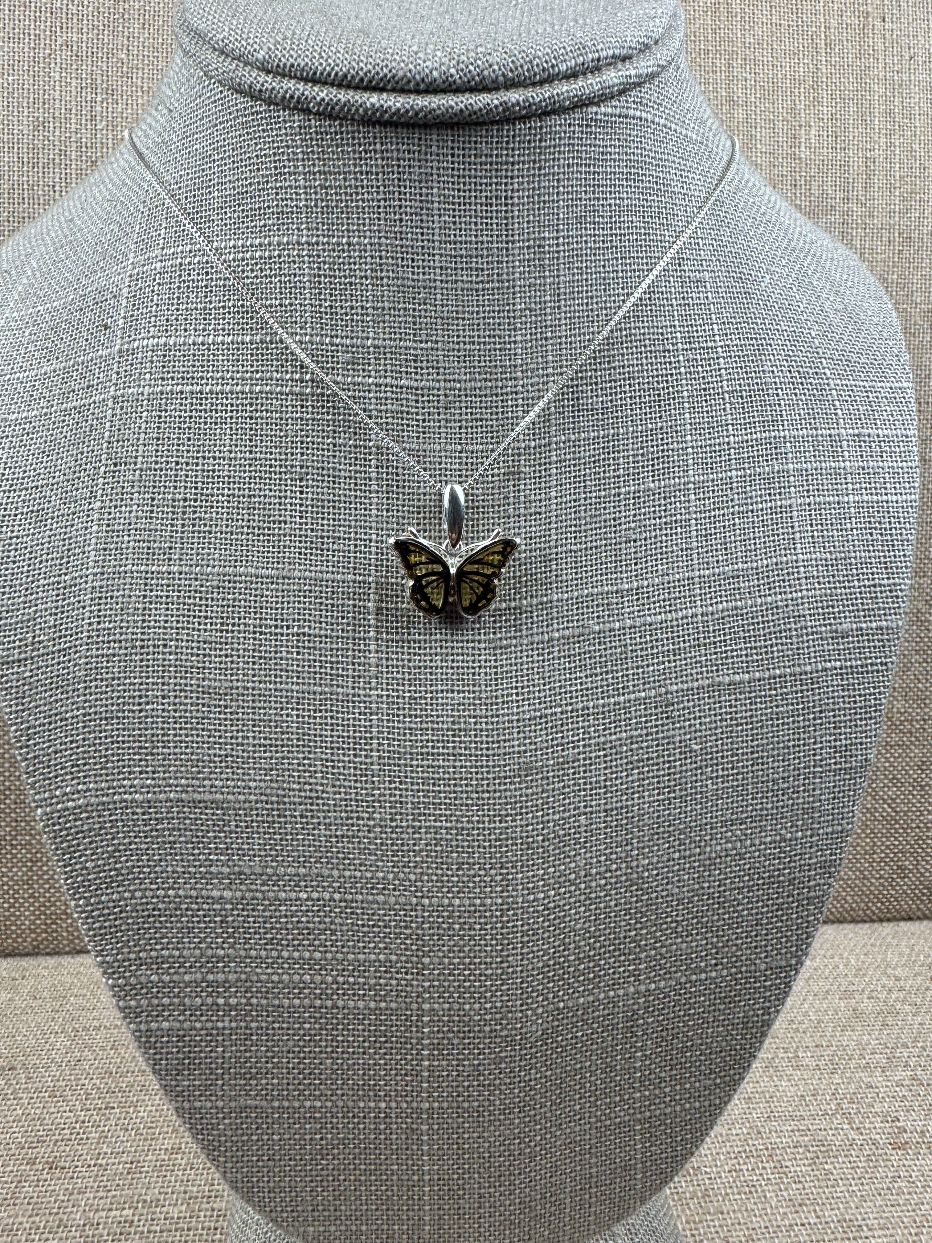 Handmade Sterling Silver Baltic Amber Butterfly Pendant – Hand-Etched Amber Wings