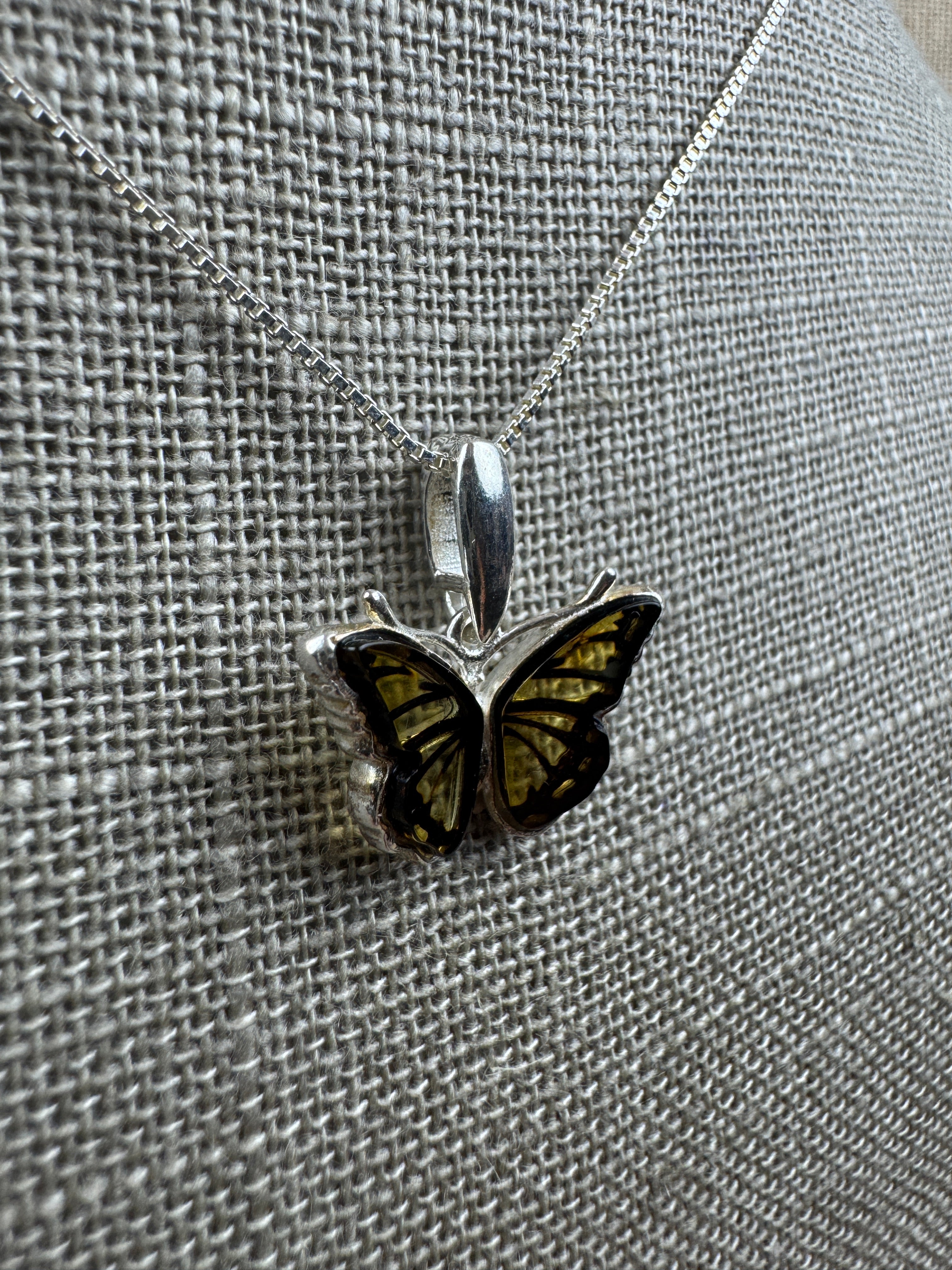 Handmade Sterling Silver Baltic Amber Butterfly Pendant – Hand-Etched Amber Wings
