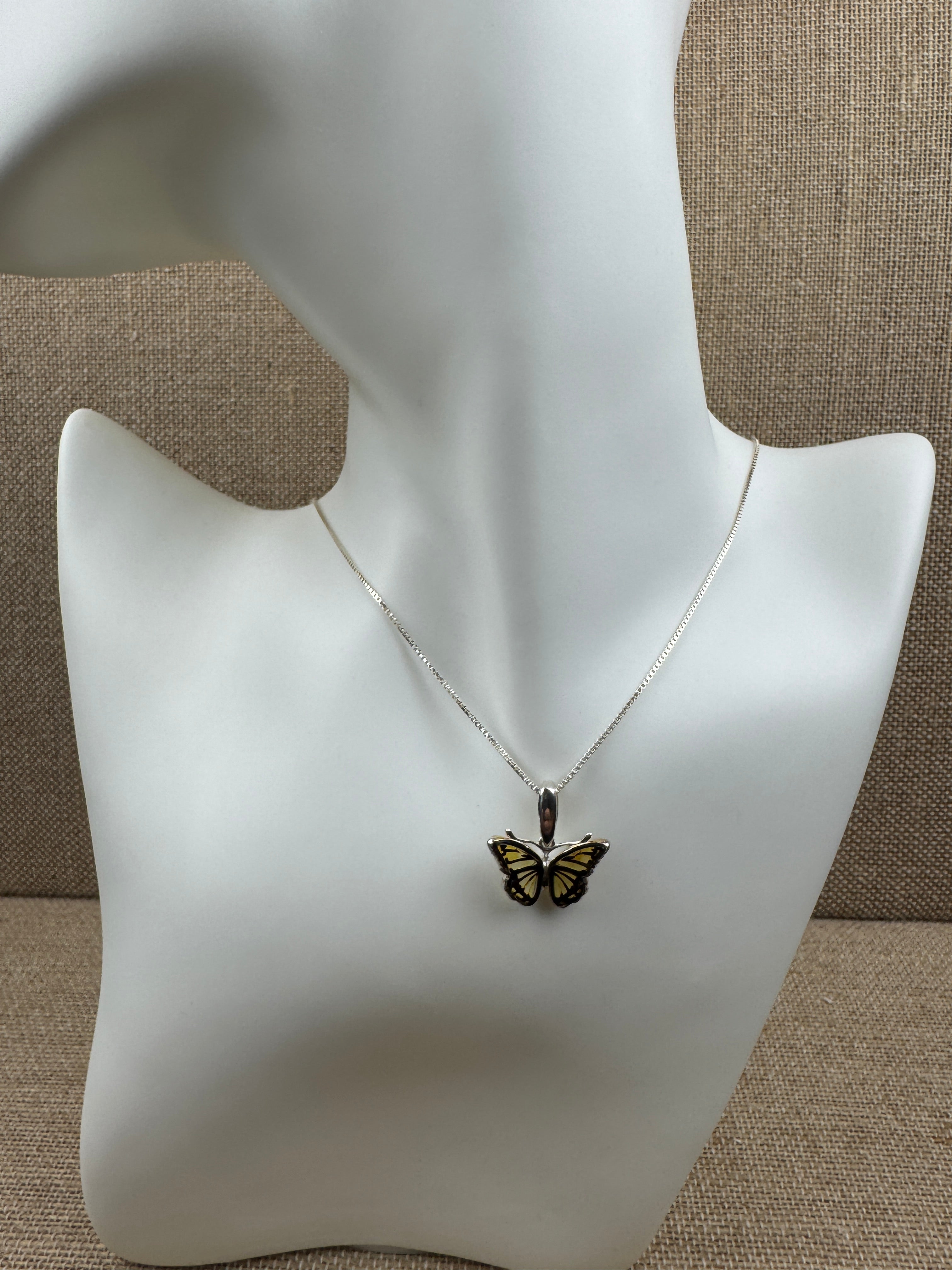 Handmade Sterling Silver Baltic Amber Butterfly Pendant – Hand-Etched Amber Wings