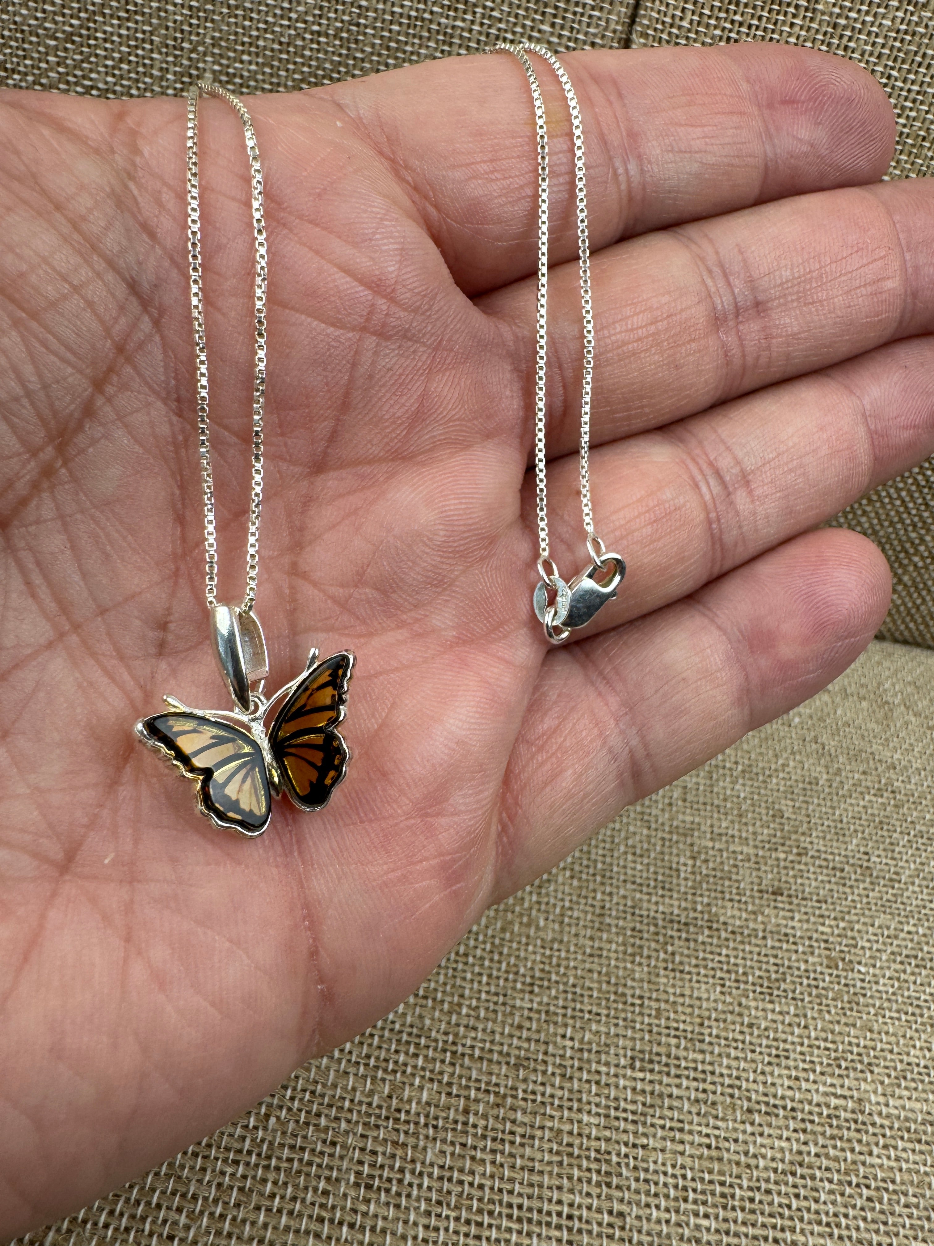 Handmade Sterling Silver Baltic Amber Butterfly Pendant – Hand-Etched Amber Wings