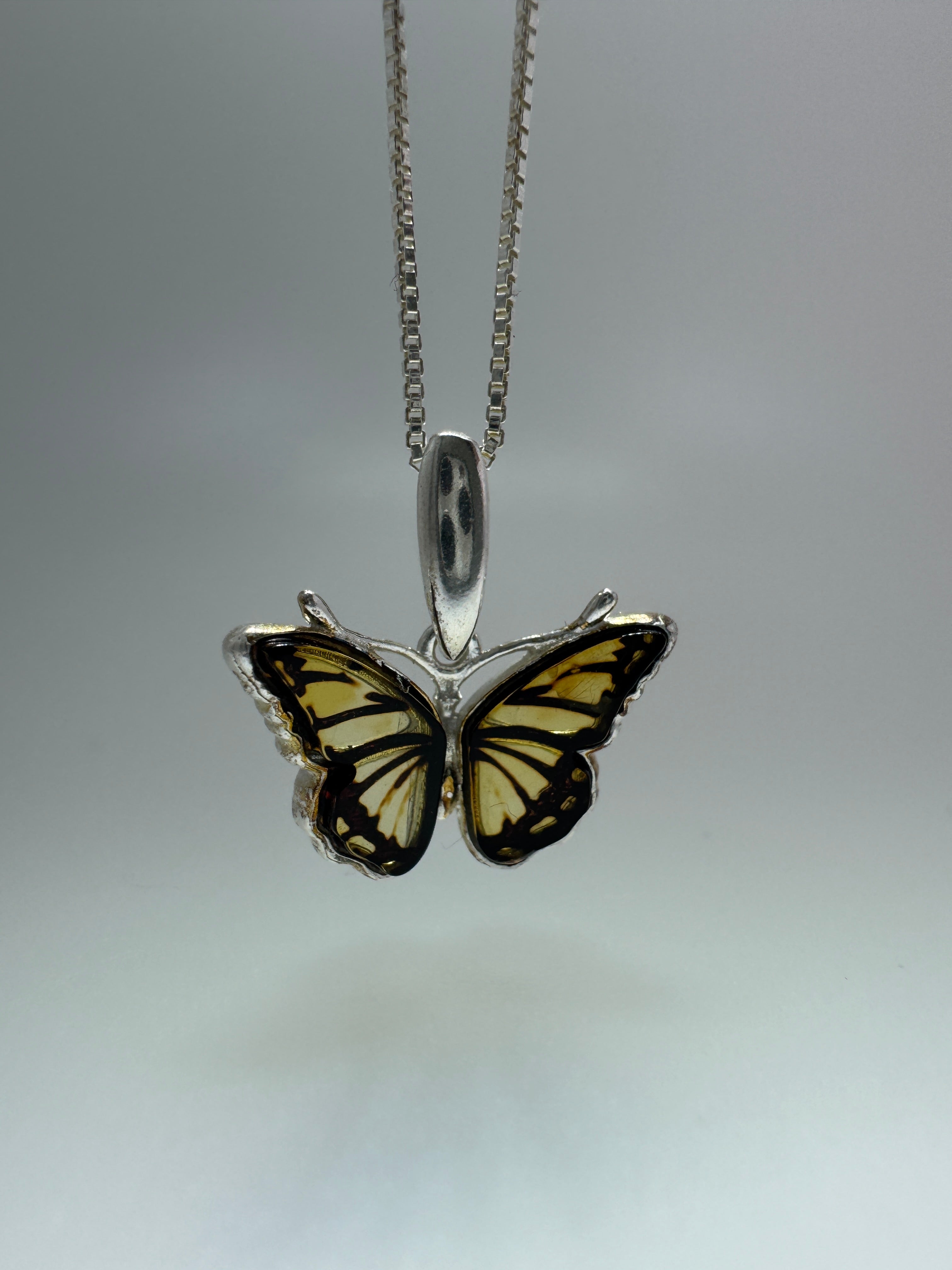 Handmade Sterling Silver Baltic Amber Butterfly Pendant – Hand-Etched Amber Wings