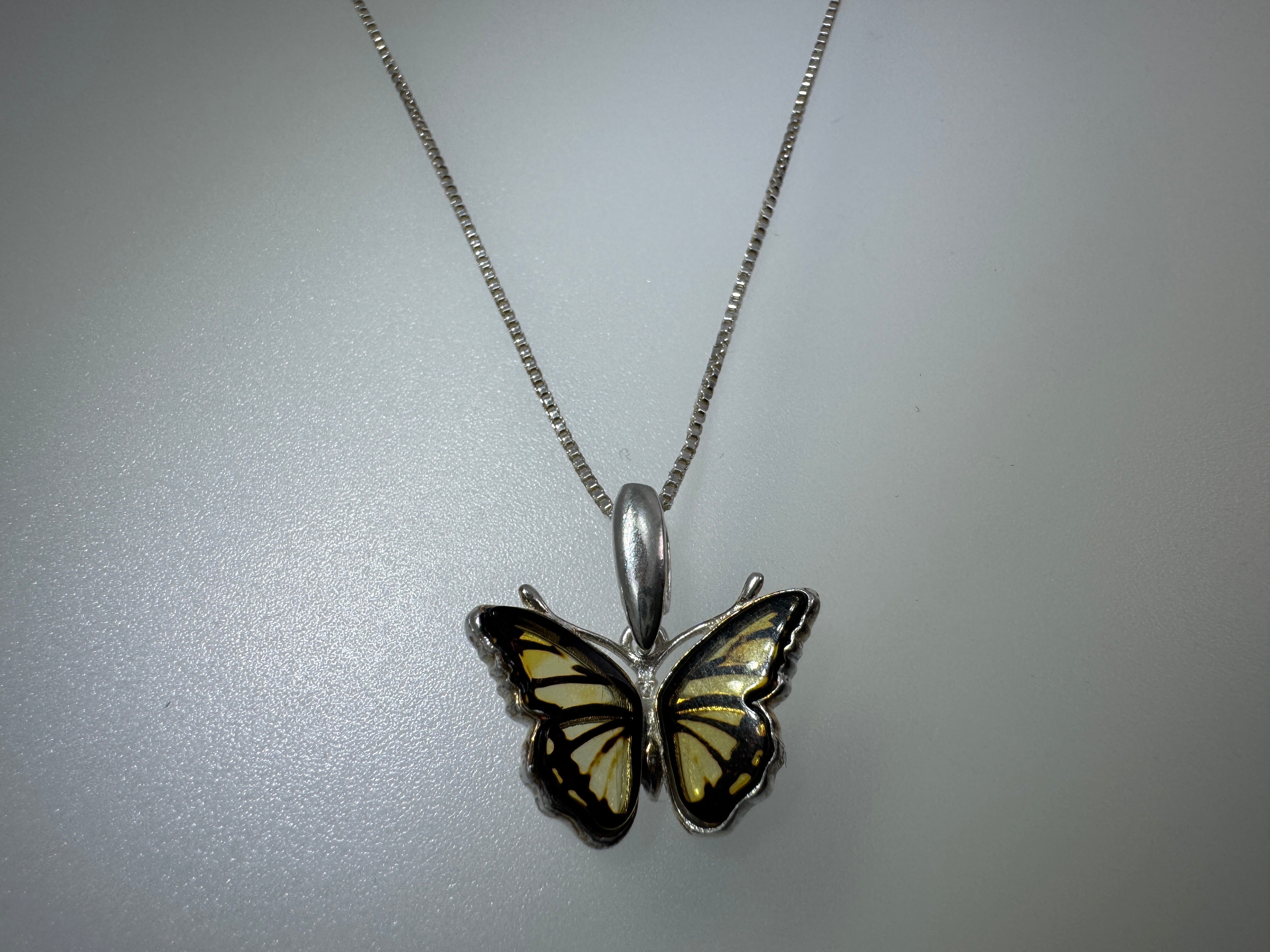 Handmade Sterling Silver Baltic Amber Butterfly Pendant – Hand-Etched Amber Wings
