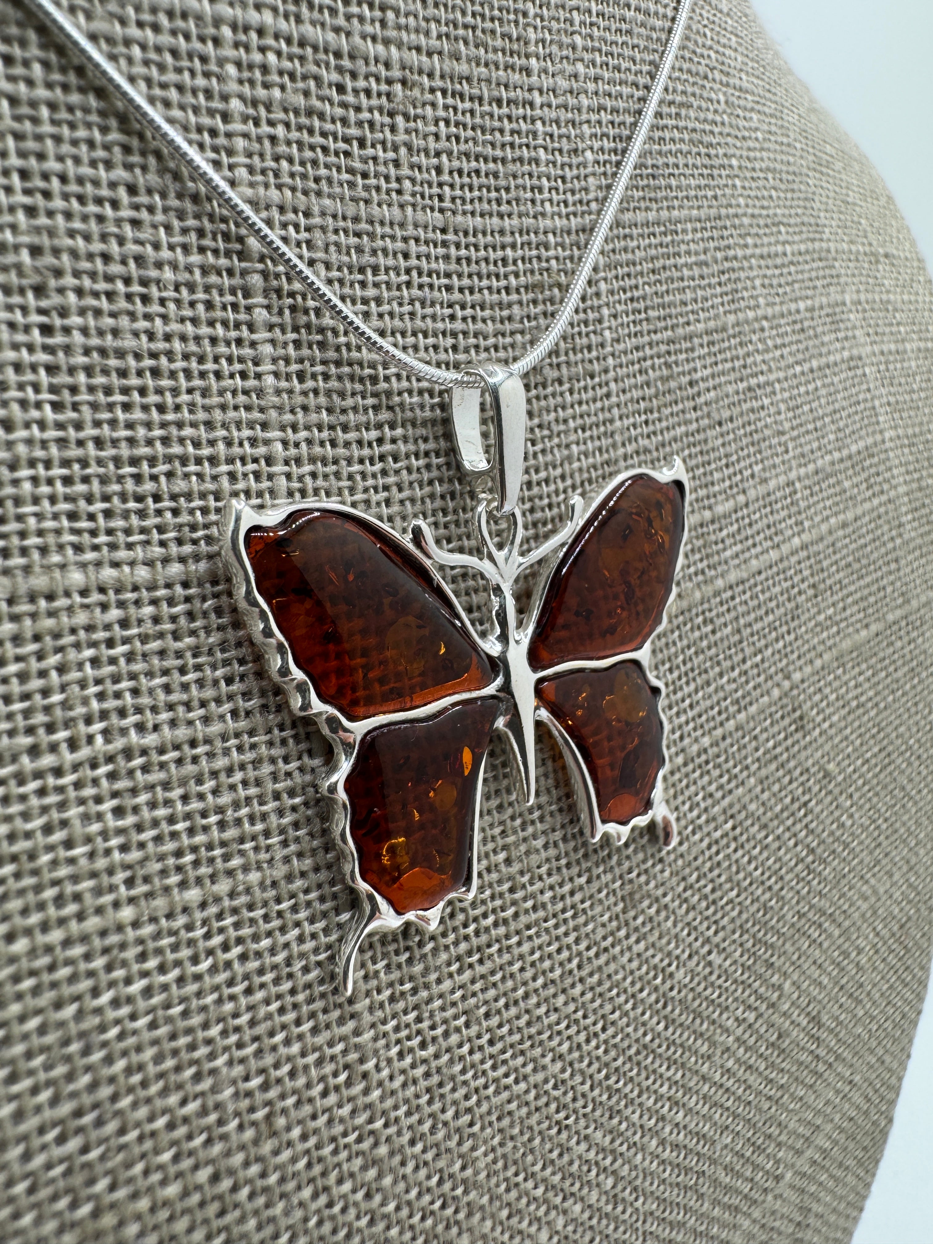 Handmade Sterling Silver Baltic Amber Butterfly Pendant Necklace – Honey, Green, Lemon, Cherry, or Multicolor