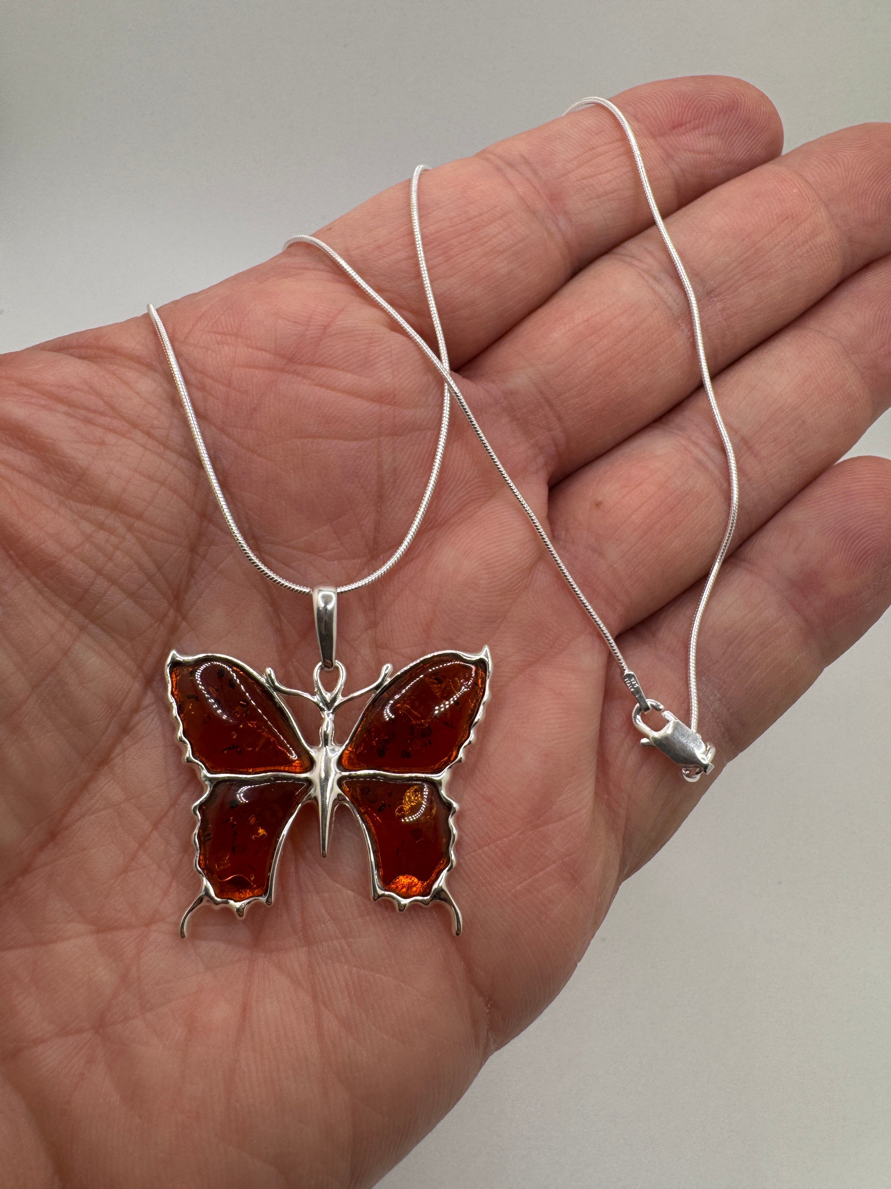 Handmade Sterling Silver Baltic Amber Butterfly Pendant Necklace – Honey, Green, Lemon, Cherry, or Multicolor