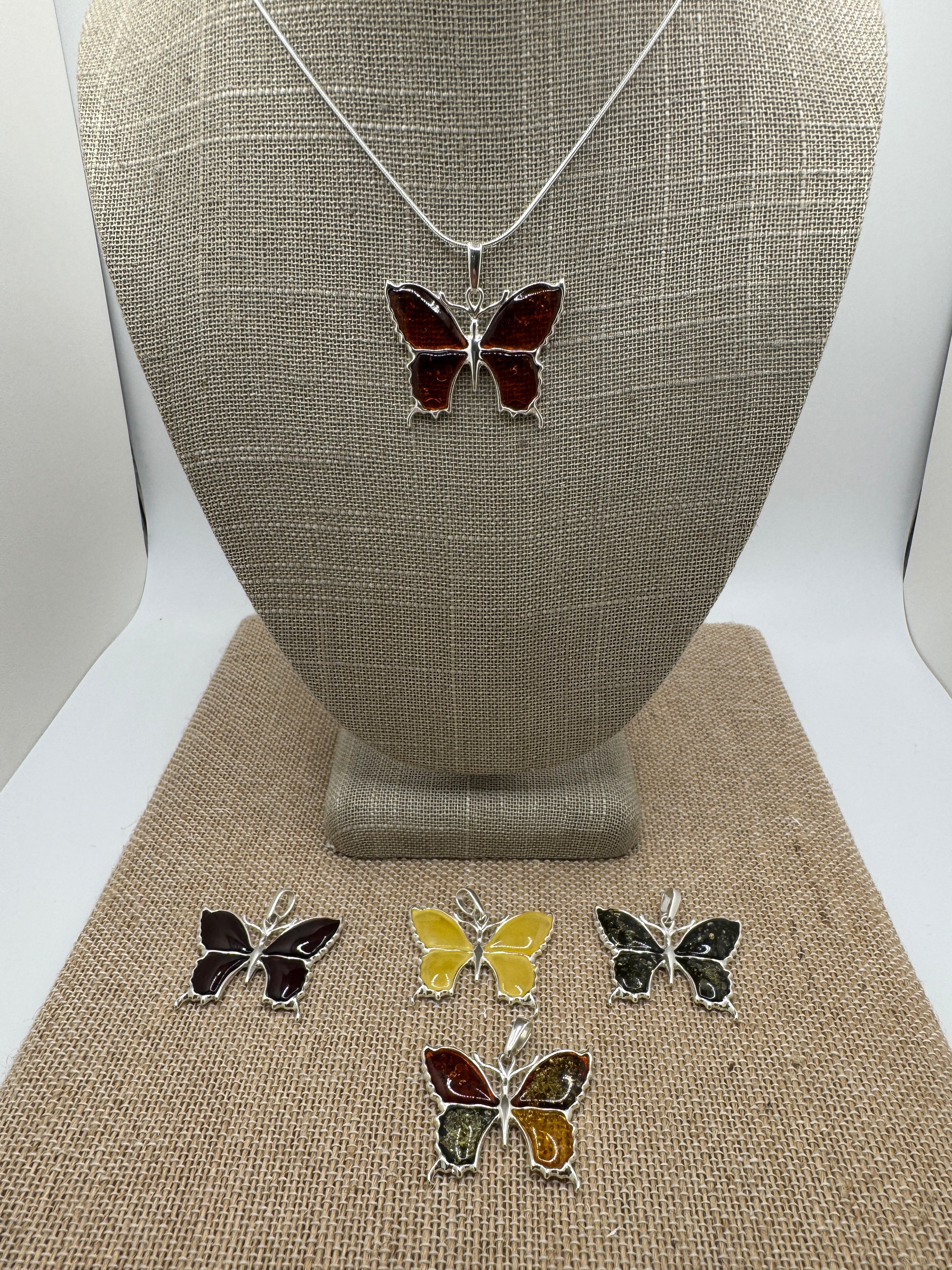 Handmade Sterling Silver Baltic Amber Butterfly Pendant Necklace – Honey, Green, Lemon, Cherry, or Multicolor