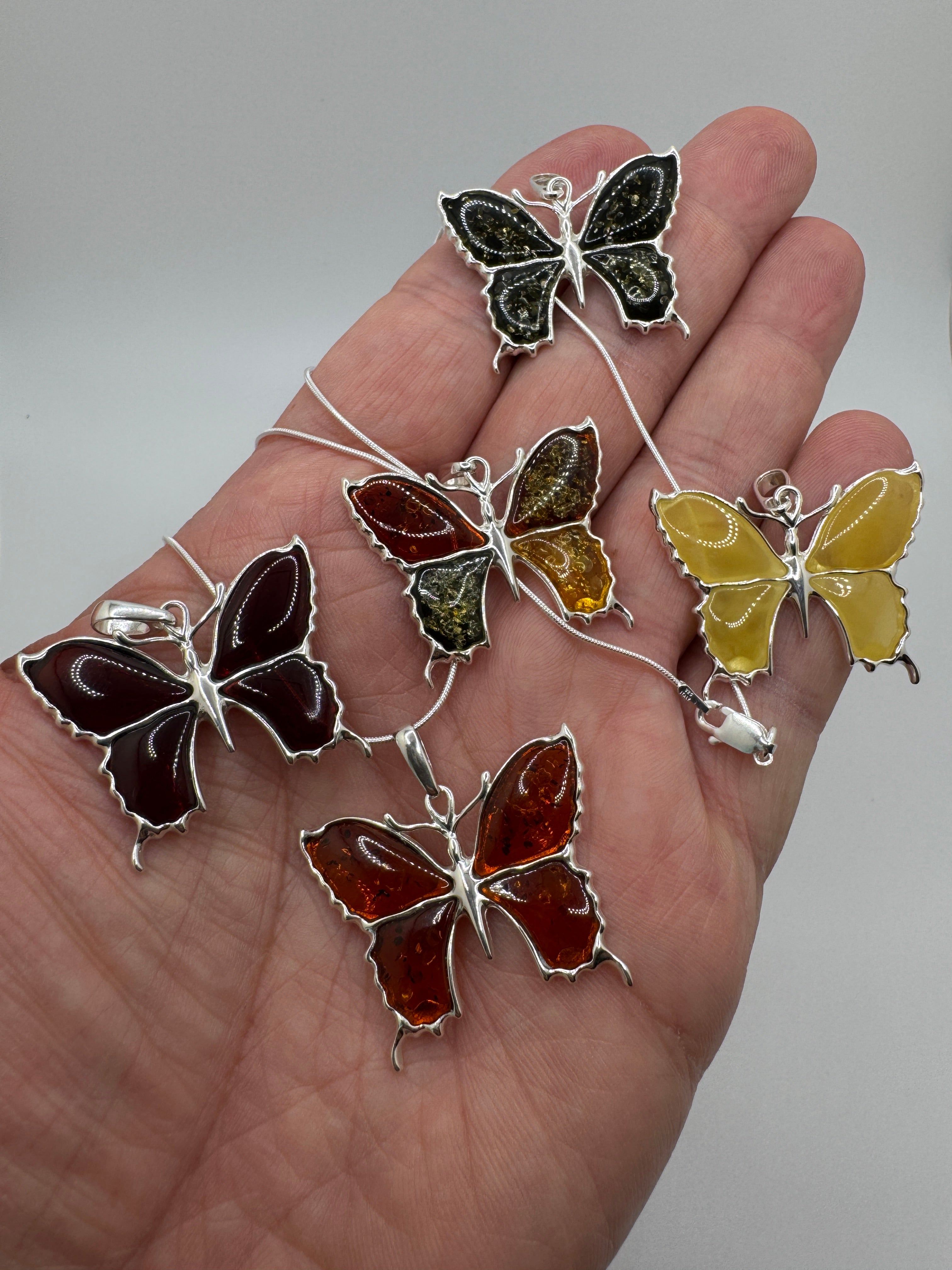 Handmade Sterling Silver Baltic Amber Butterfly Pendant Necklace – Honey, Green, Lemon, Cherry, or Multicolor