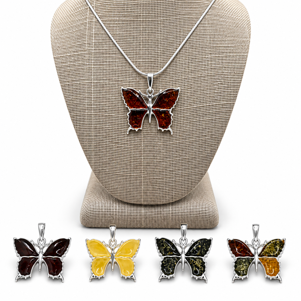 Handmade Sterling Silver Baltic Amber Butterfly Pendant Necklace