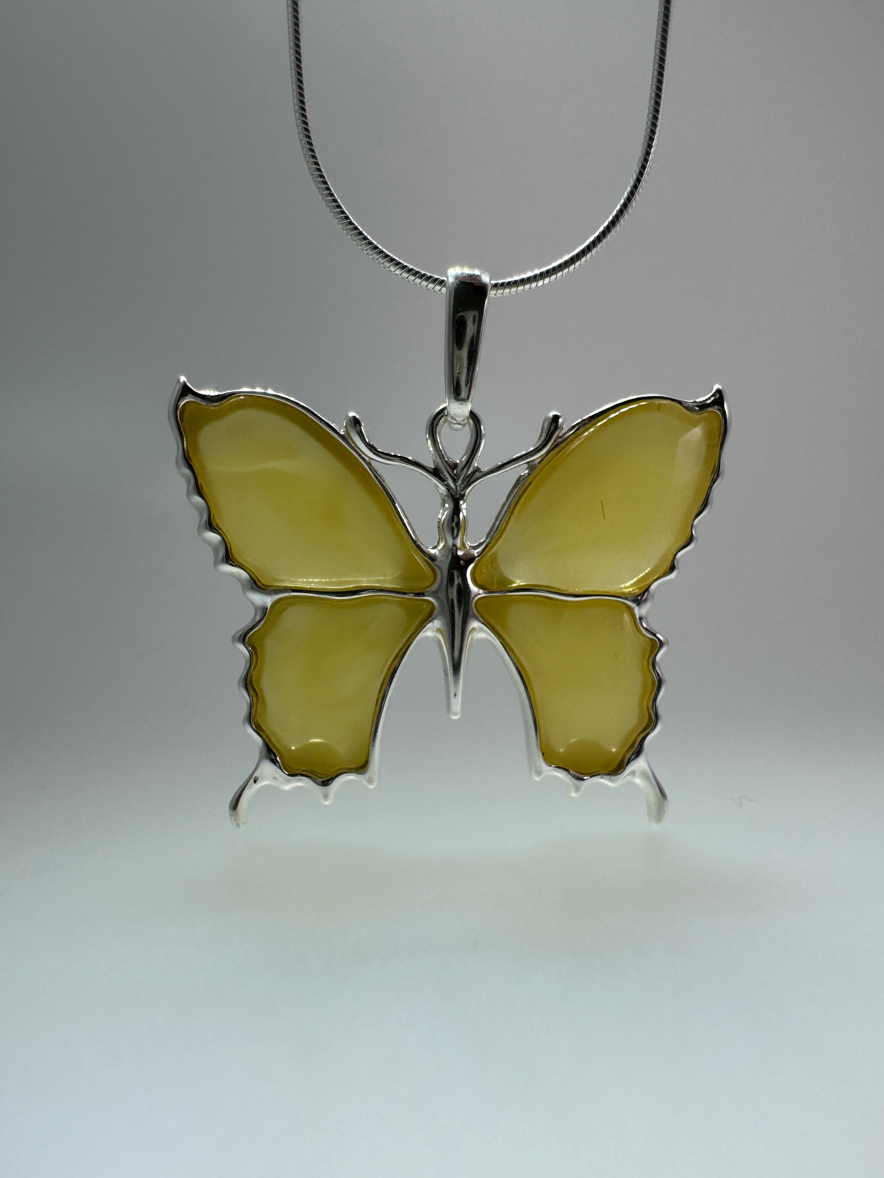 Handmade Sterling Silver Baltic Amber Butterfly Pendant Necklace – Honey, Green, Lemon, Cherry, or Multicolor
