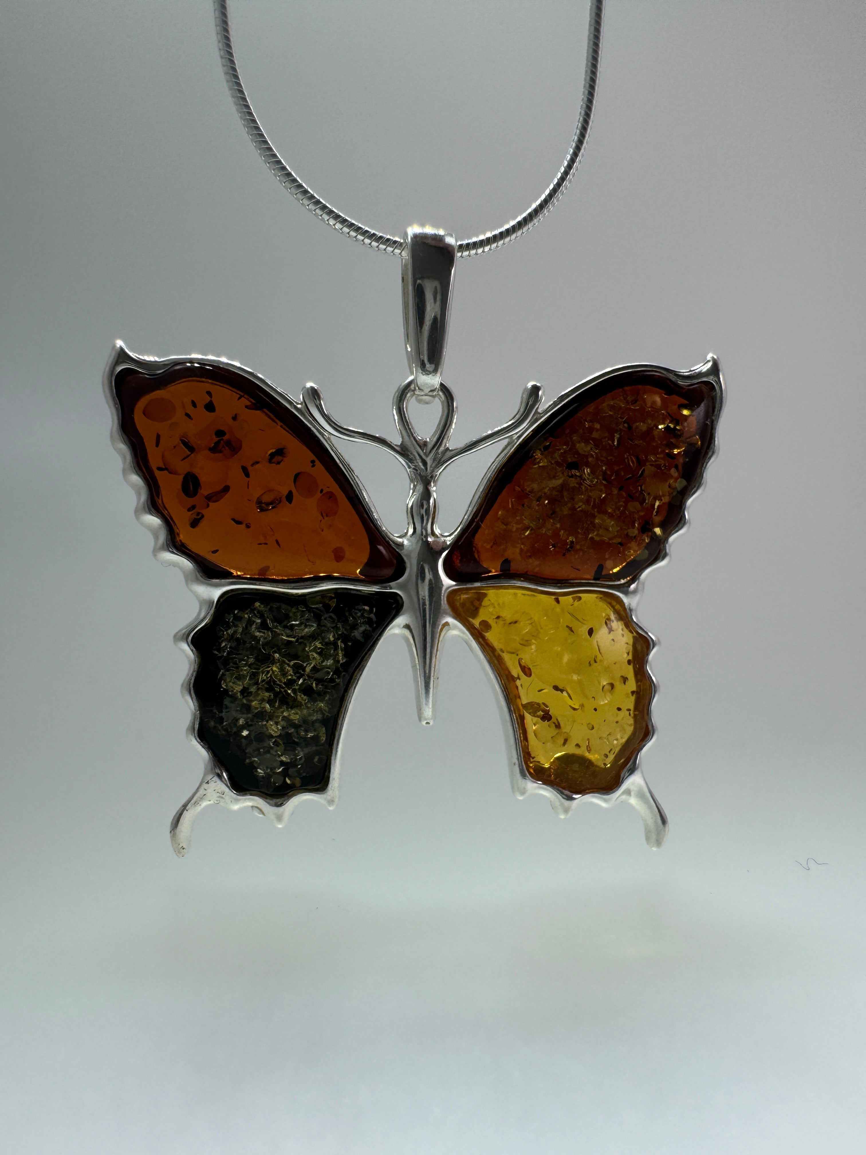 Handmade Sterling Silver Baltic Amber Butterfly Pendant Necklace – Honey, Green, Lemon, Cherry, or Multicolor