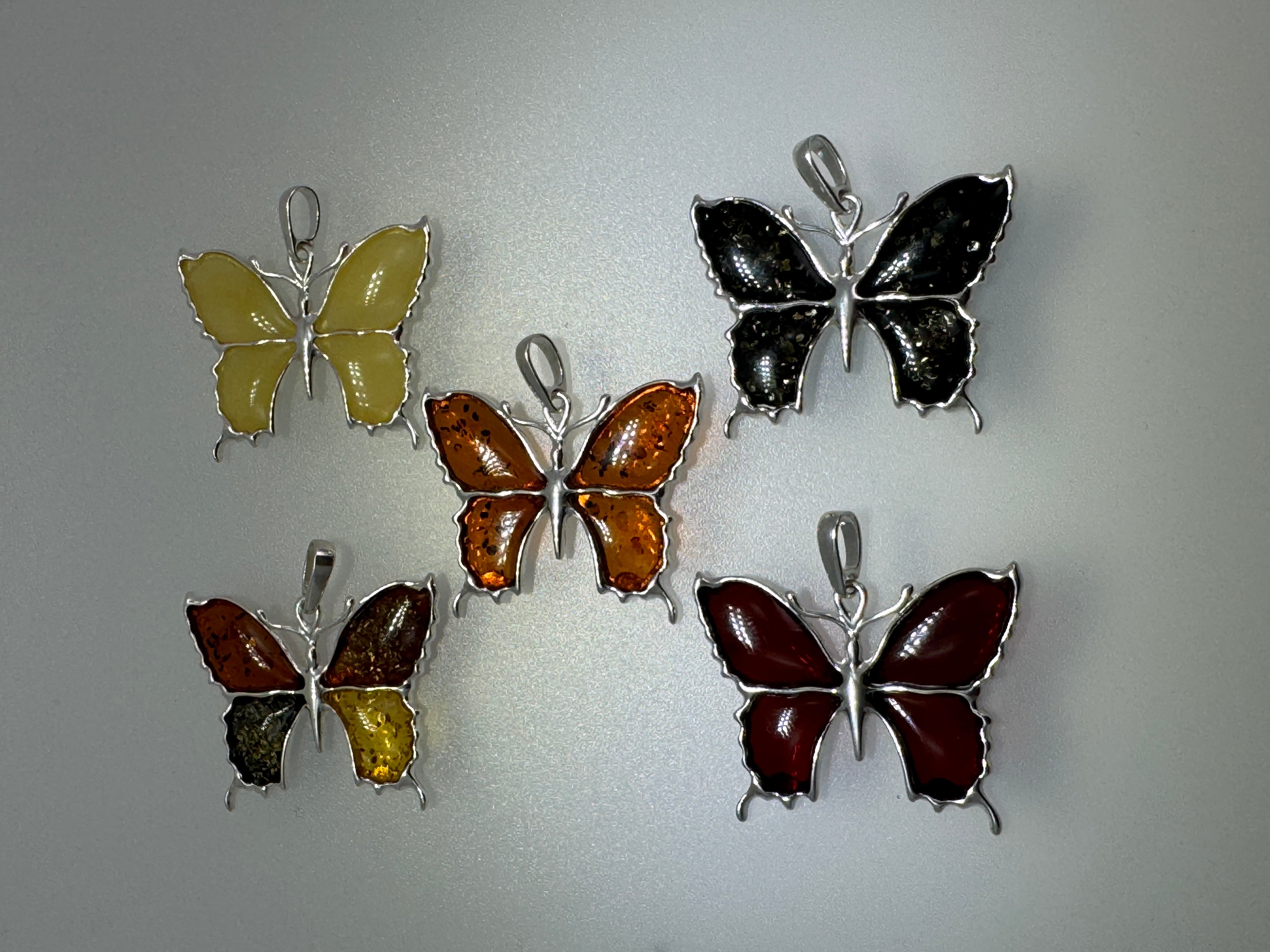 Handmade Sterling Silver Baltic Amber Butterfly Pendant Necklace – Honey, Green, Lemon, Cherry, or Multicolor