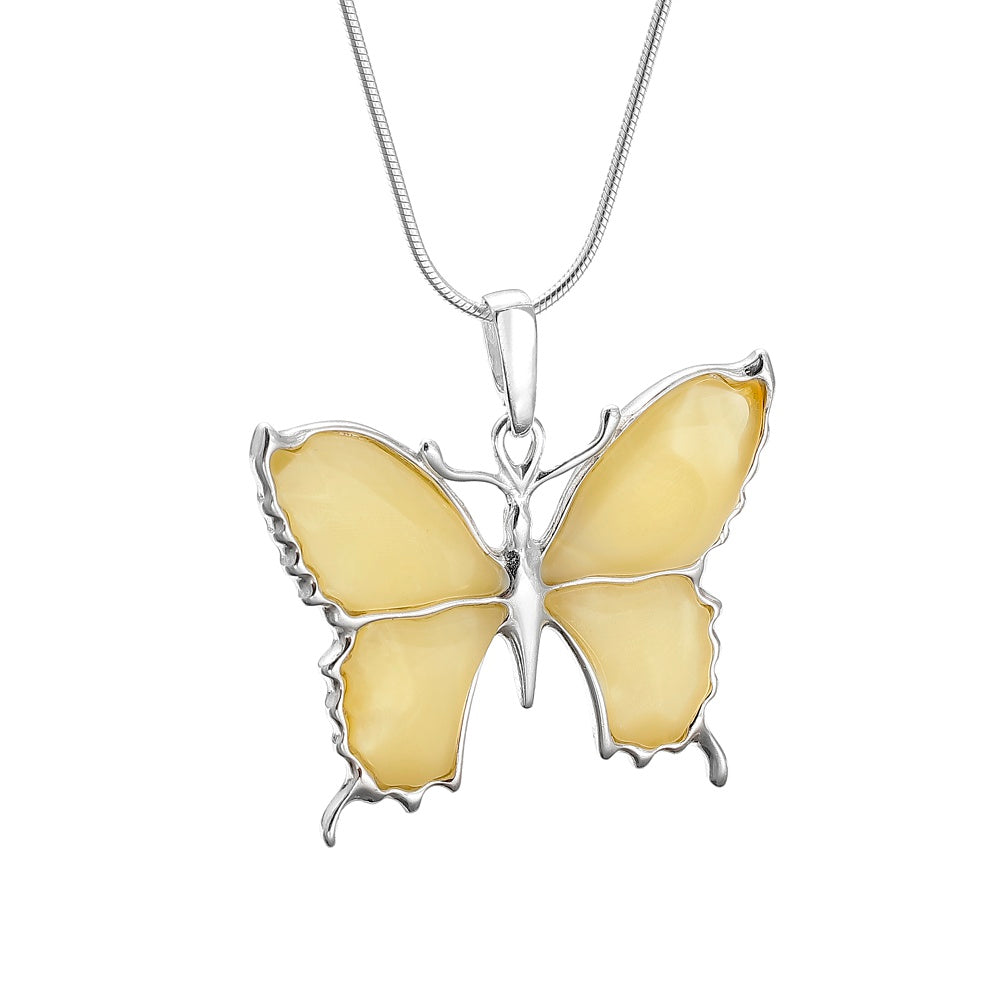 Handmade Sterling Silver Baltic Amber Butterfly Pendant Necklace