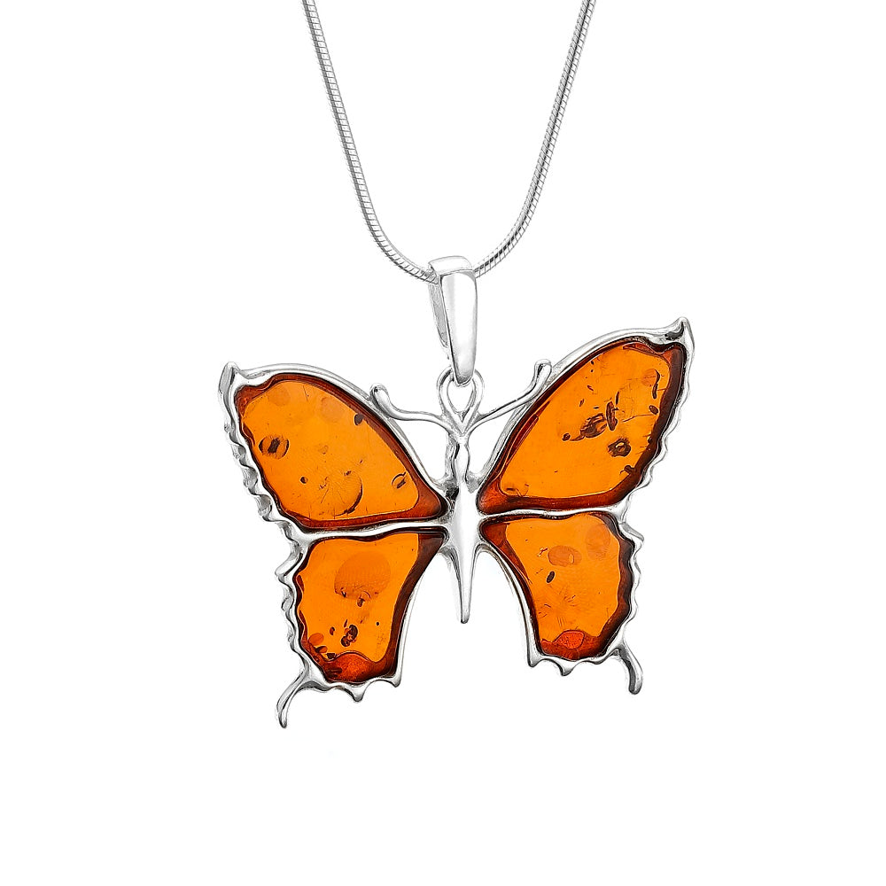 Handmade Sterling Silver Baltic Amber Butterfly Pendant Necklace