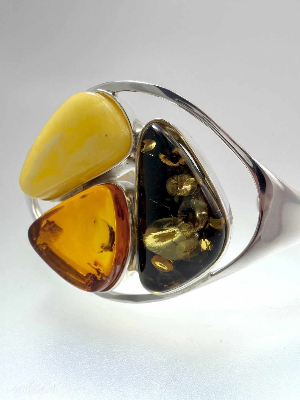 Handmade Sterling Silver Baltic Amber Cuff Bracelet – Green, Honey & Butterscotch Statement Piece