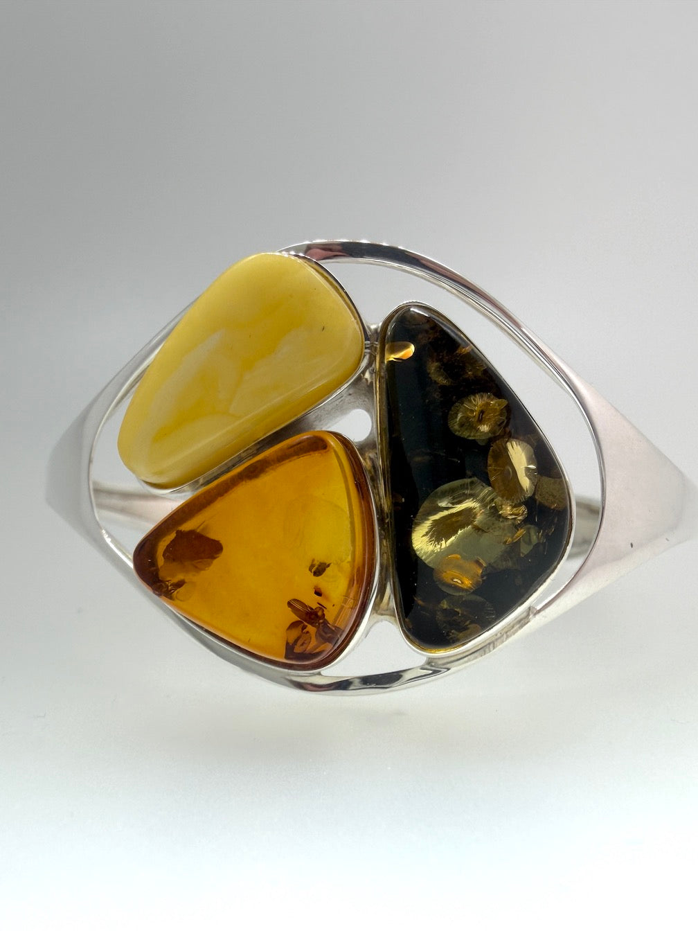 Handmade Sterling Silver Baltic Amber Cuff Bracelet – Green, Honey & Butterscotch Statement Piece