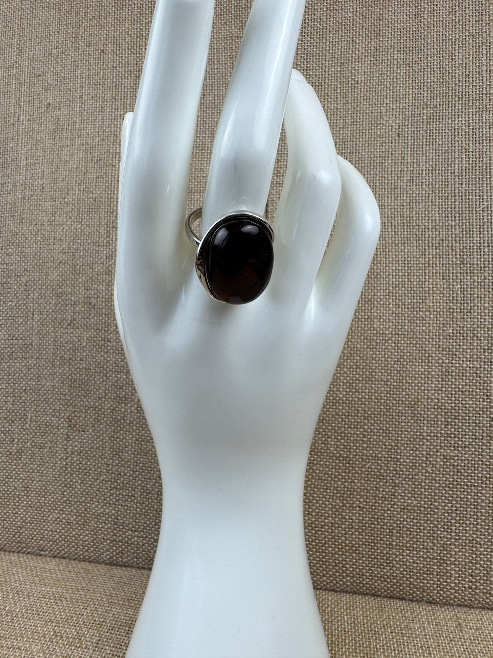 Handmade Sterling Silver Baltic Amber Ring Cherry Color Adjustable | Open Shank Ring Made in Poland | Genuine Amber Statement Ring