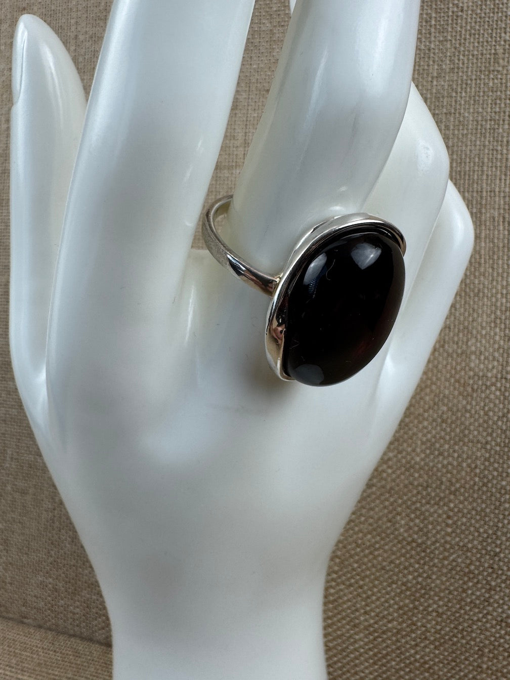 Handmade Sterling Silver Baltic Amber Ring Cherry Color Adjustable | Open Shank Ring Made in Poland | Genuine Amber Statement Ring