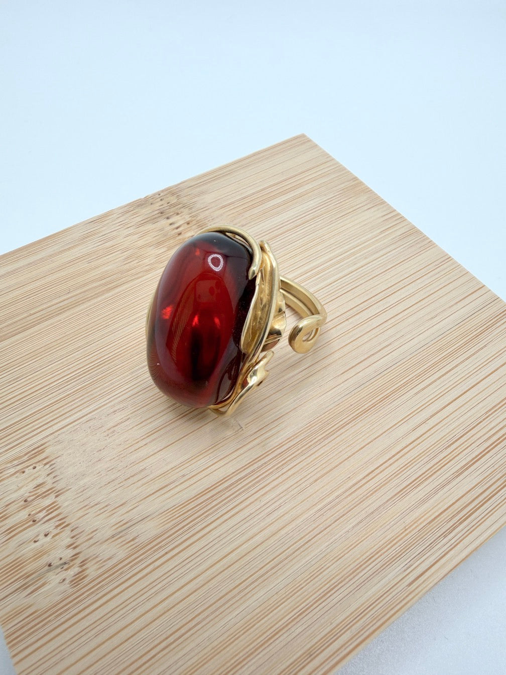 Handmade Sterling Silver Baltic Amber Ring Cherry Color Adjustable | Open Shank Ring Made in Poland | Genuine Amber Statement Ring