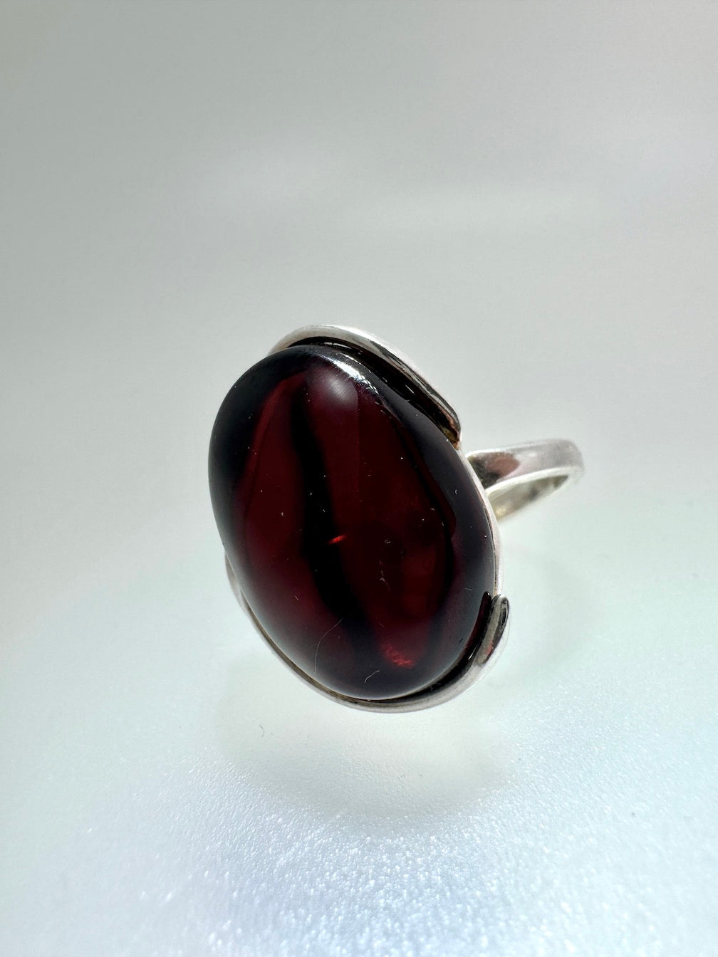 Handmade Sterling Silver Baltic Amber Ring Cherry Color Adjustable | Open Shank Ring Made in Poland | Genuine Amber Statement Ring