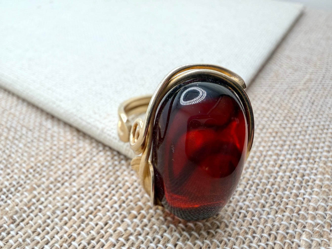 Handmade Sterling Silver Baltic Amber Ring Cherry Color Adjustable | Open Shank Ring Made in Poland | Genuine Amber Statement Ring