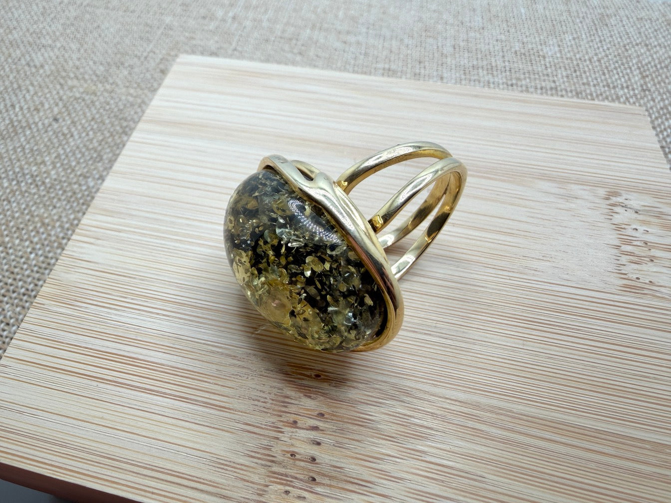 Handmade Sterling Silver Baltic Amber Ring Green Color Adjustable | Open Shank Ring Made in Poland