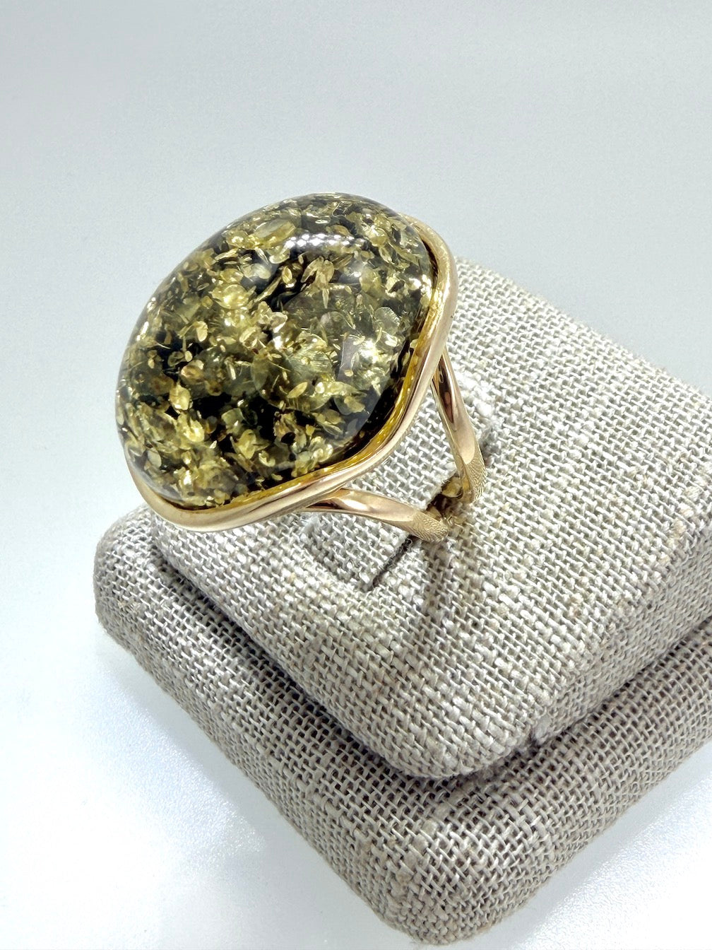 Handmade Sterling Silver Baltic Amber Ring Green Color Adjustable | Open Shank Ring Made in Poland