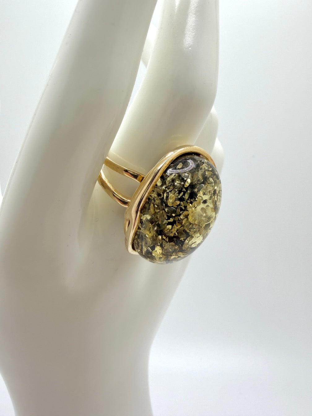 Handmade Sterling Silver Baltic Amber Ring Green Color Adjustable | Open Shank Ring Made in Poland