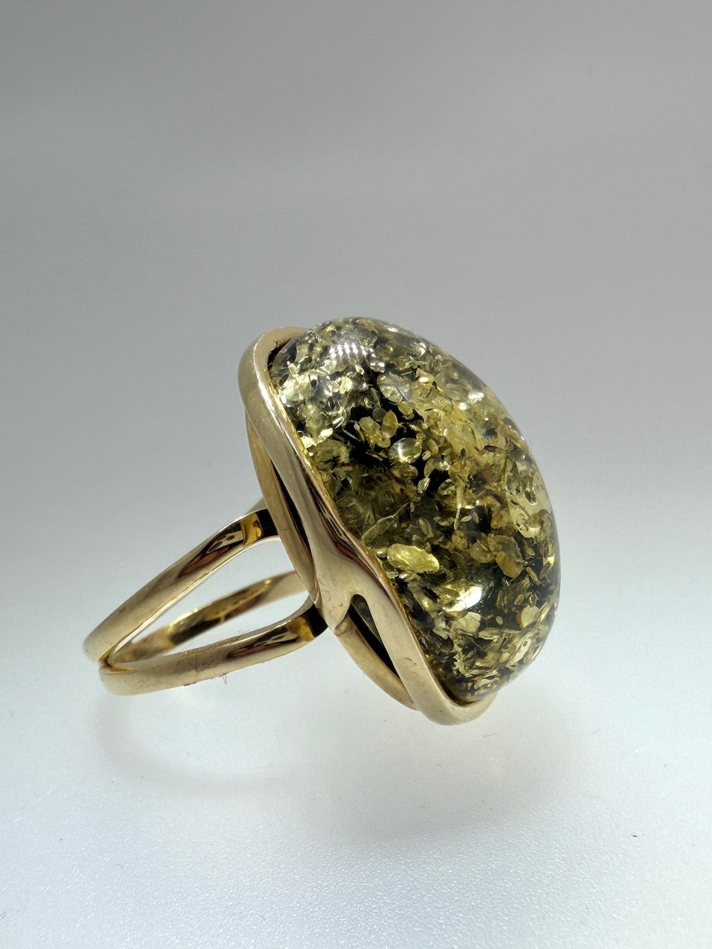 Handmade Sterling Silver Baltic Amber Ring Green Color Adjustable | Open Shank Ring Made in Poland