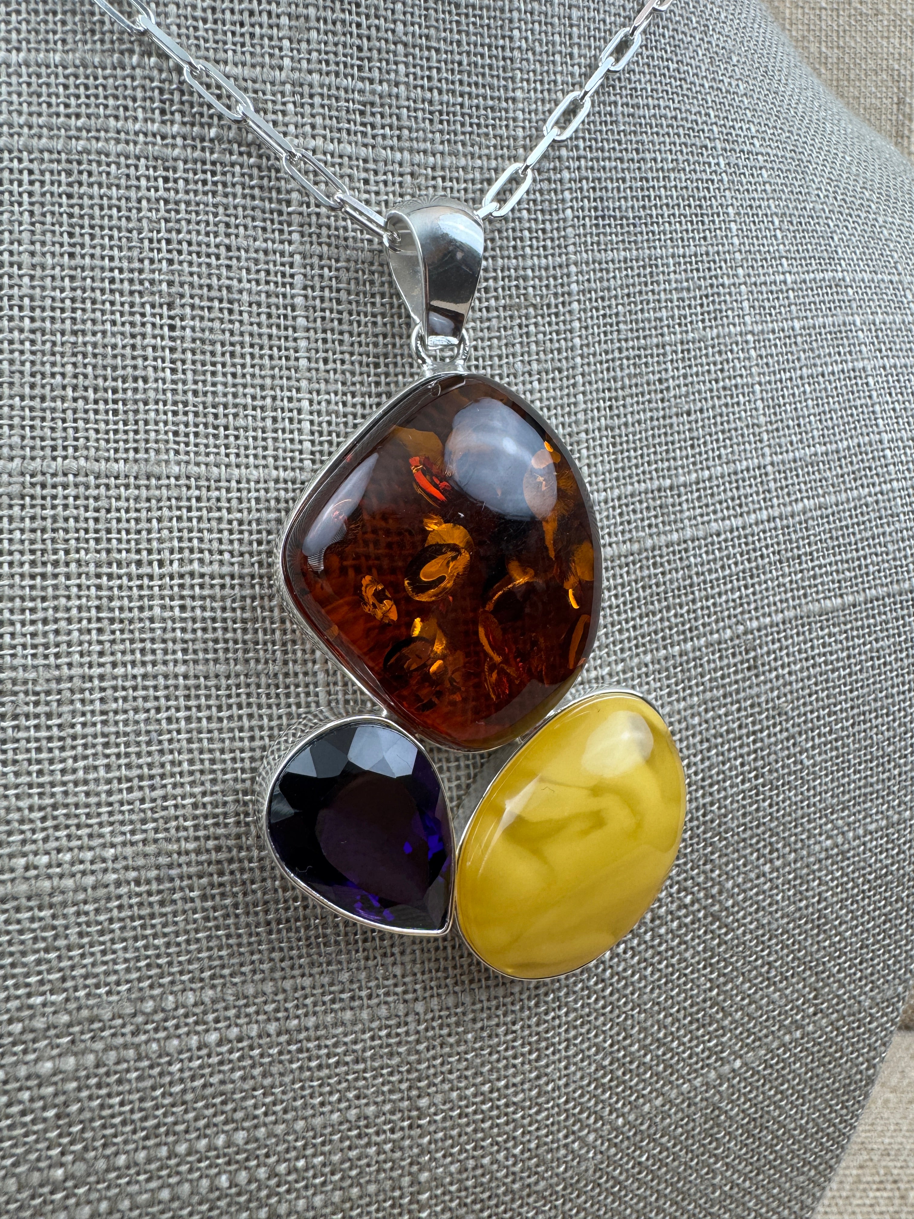 Handmade Sterling Silver Baltic Amber & Amethyst Pendant Necklace – Genuine Honey & Butterscotch Amber