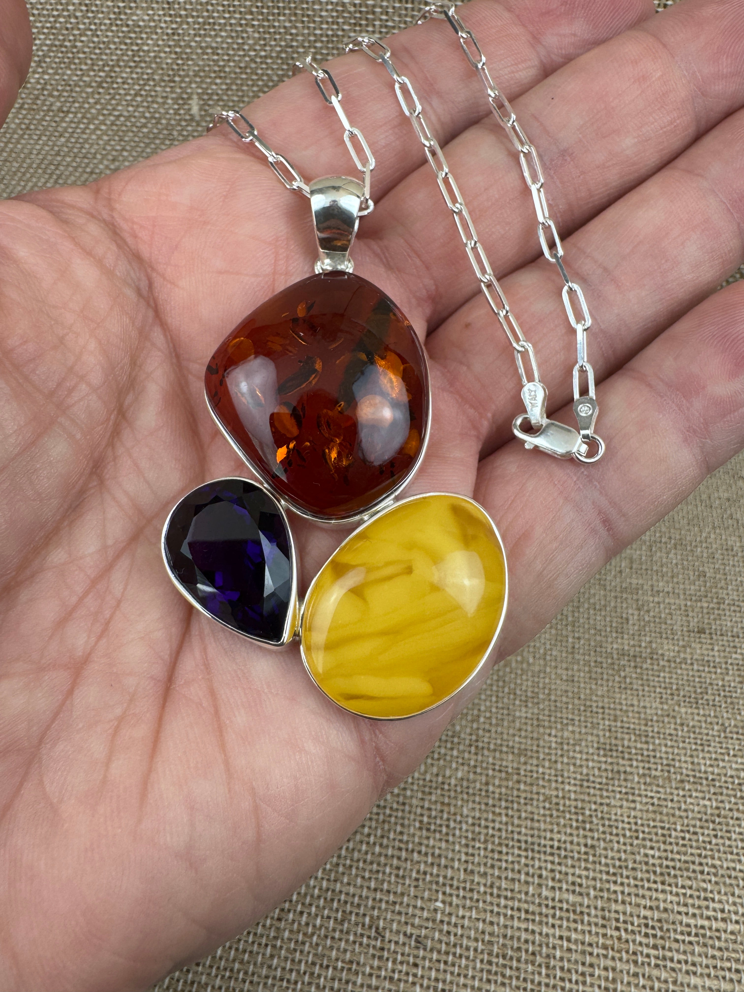 Handmade Sterling Silver Baltic Amber & Amethyst Pendant Necklace – Genuine Honey & Butterscotch Amber