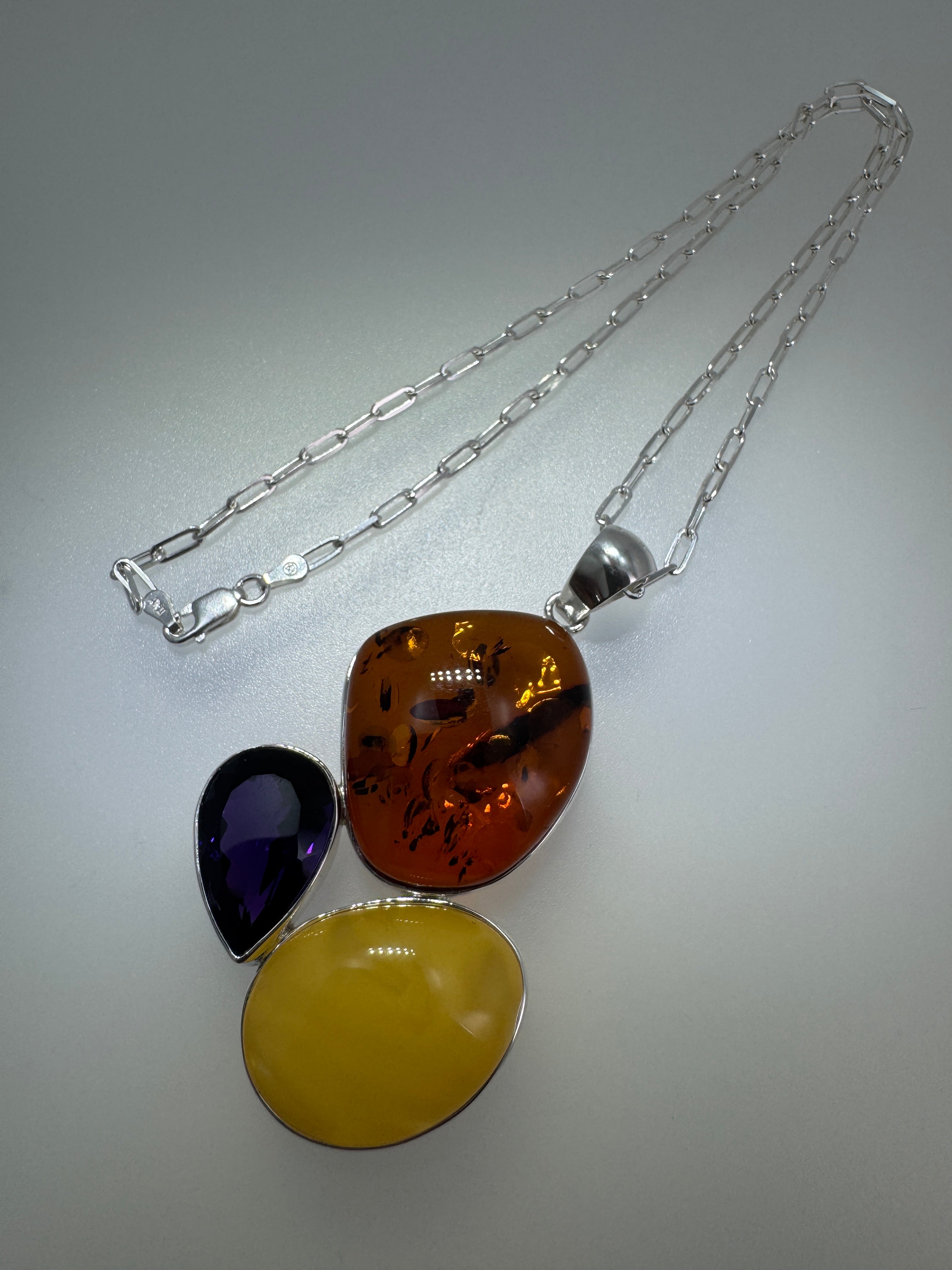 Handmade Sterling Silver Baltic Amber & Amethyst Pendant Necklace – Genuine Honey & Butterscotch Amber