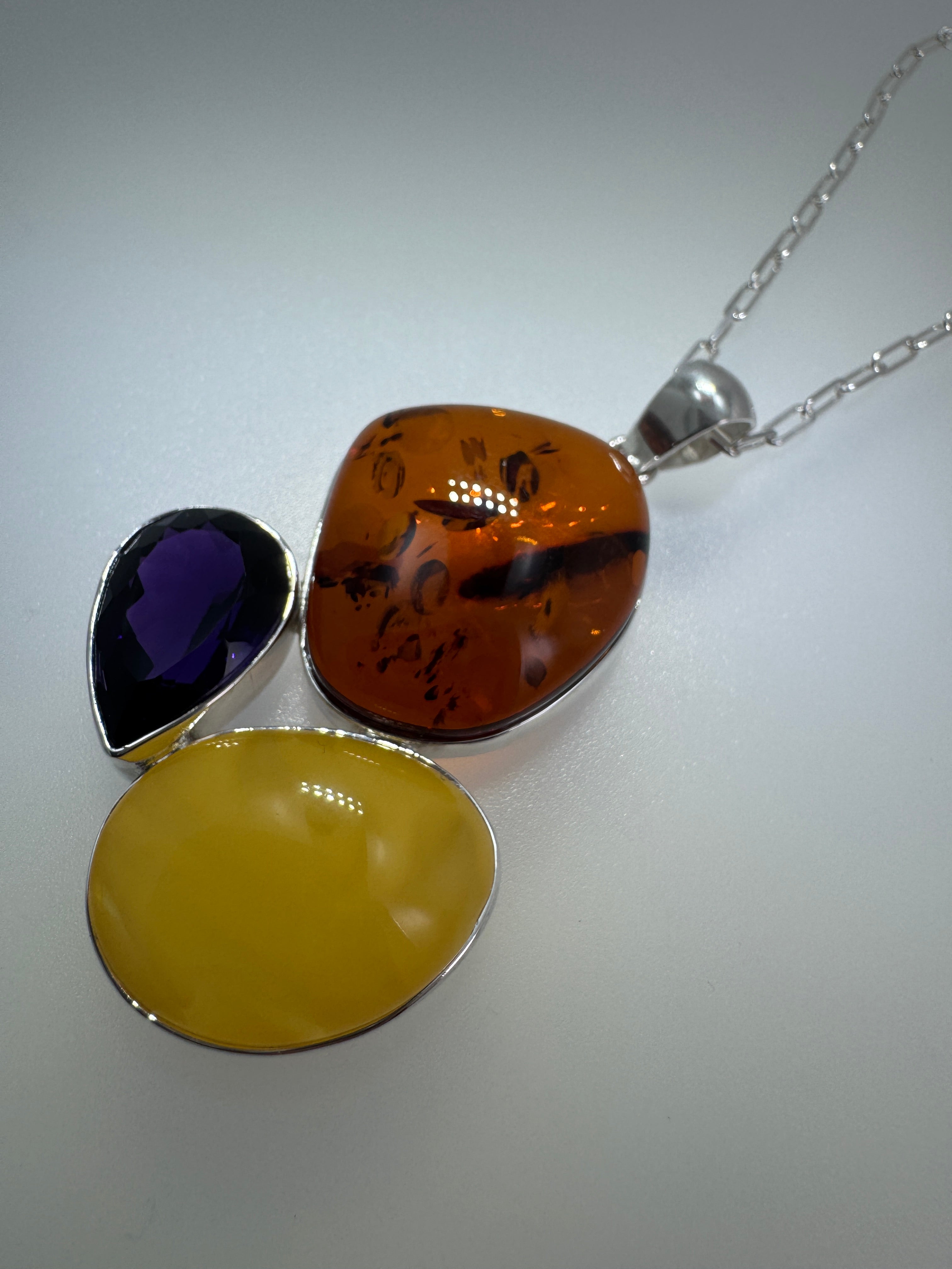 Handmade Sterling Silver Baltic Amber & Amethyst Pendant Necklace – Genuine Honey & Butterscotch Amber