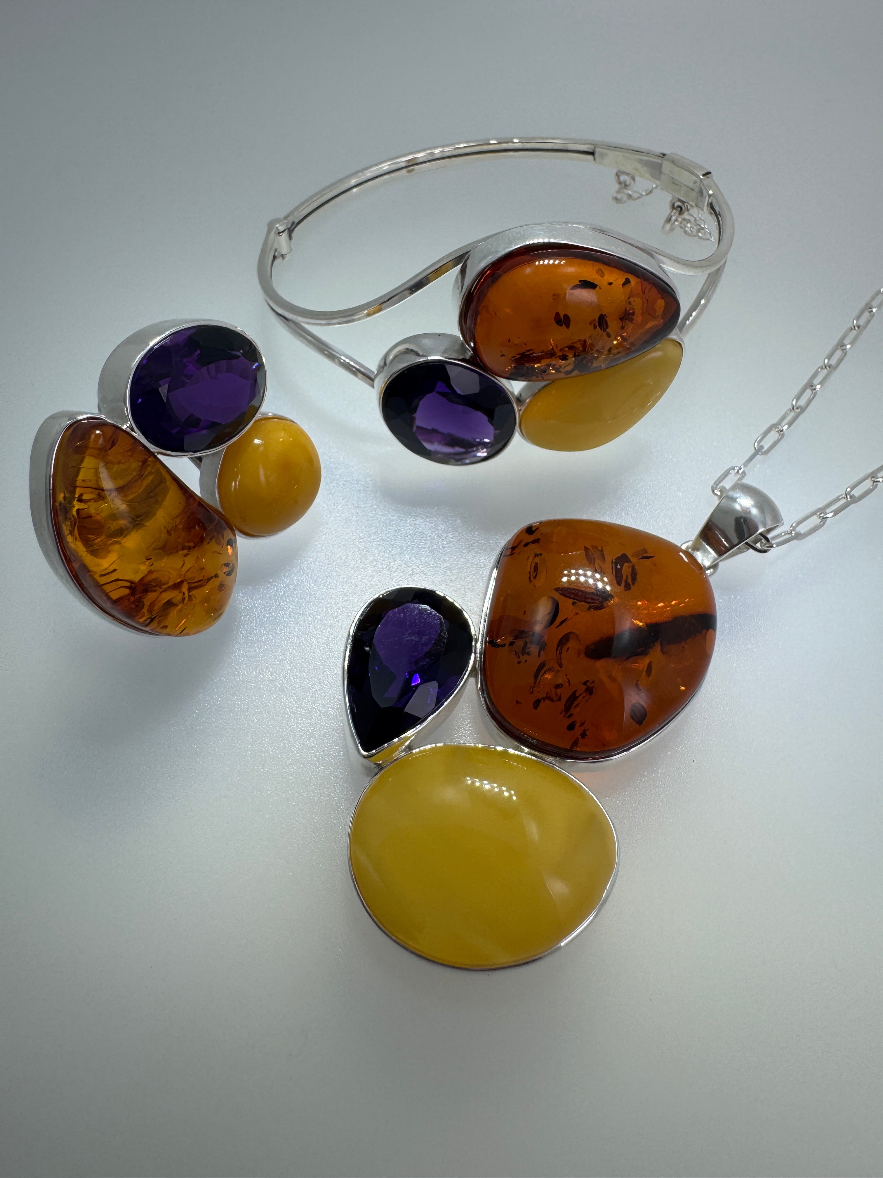 Handmade Sterling Silver Baltic Amber & Amethyst Pendant Necklace – Genuine Honey & Butterscotch Amber