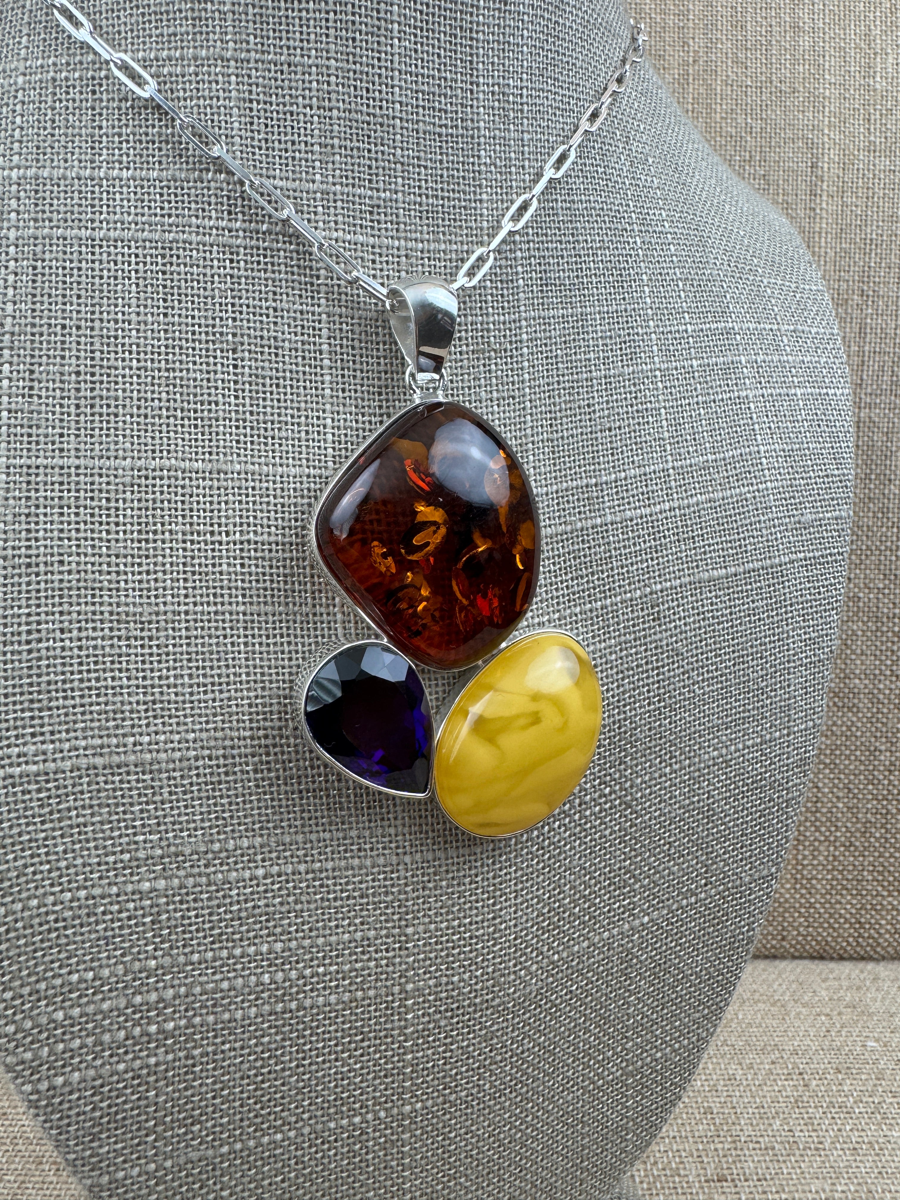 Handmade Sterling Silver Baltic Amber & Amethyst Pendant Necklace – Genuine Honey & Butterscotch Amber