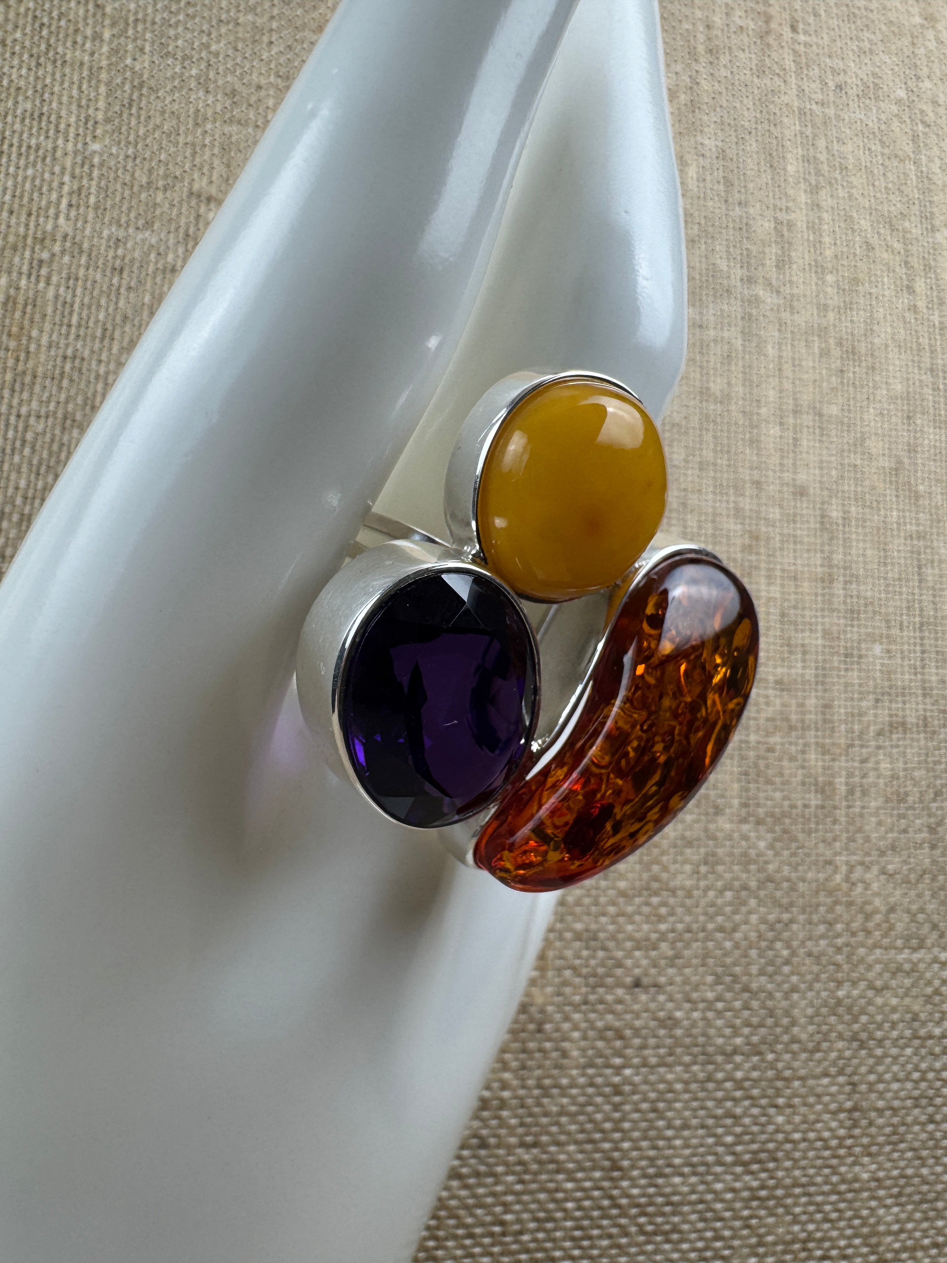Handmade Sterling Silver Baltic Amber & Amethyst Ring | Cognac, Butterscotch & Honey Amber | Adjustable Open Shank | Matching Set