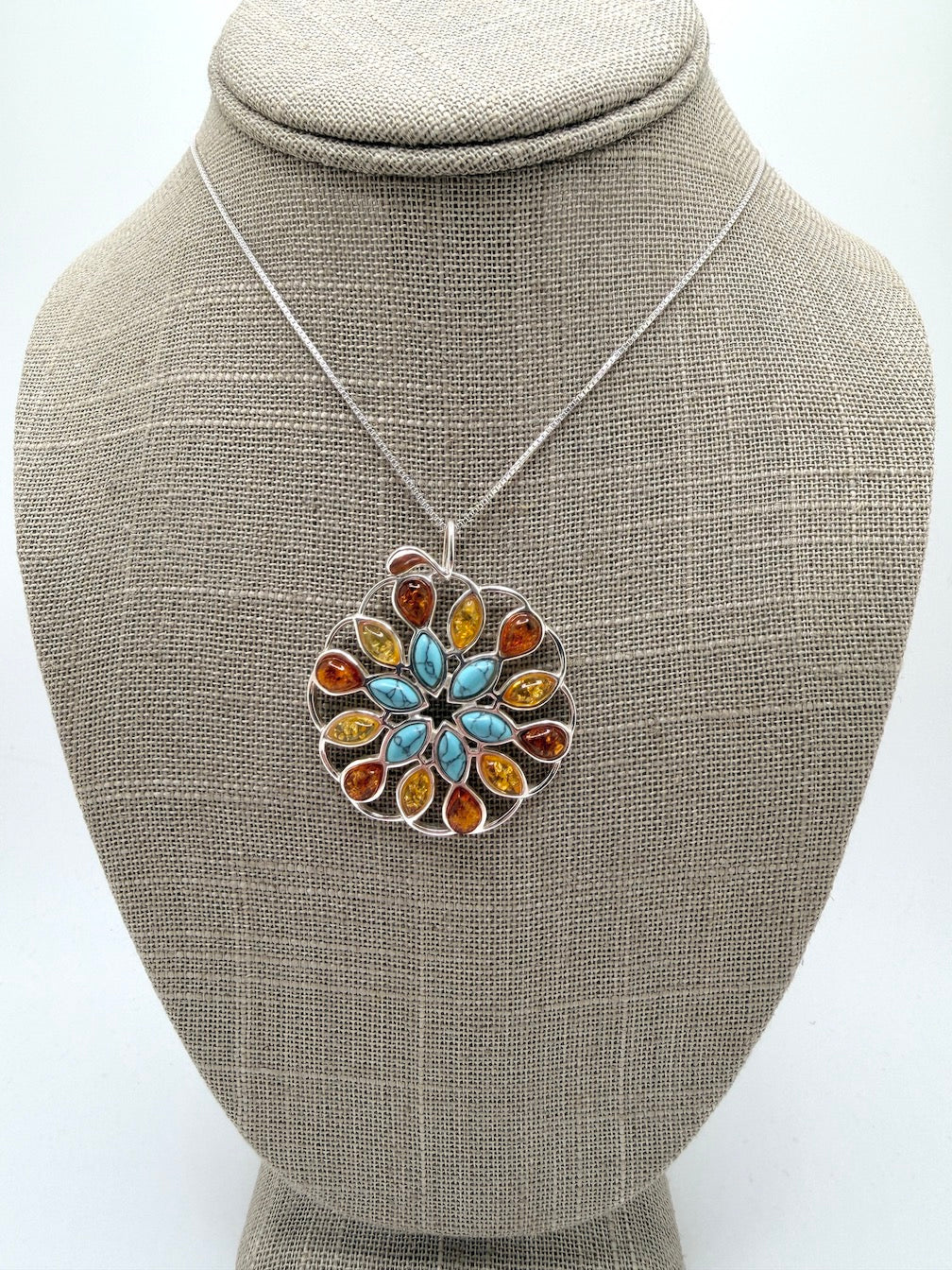 Handmade Sterling Silver Baltic Amber & Gemstone Round Pendant – Honey, Lemon Amber, Turquoise or Amethyst – Statement Jewelry Necklace