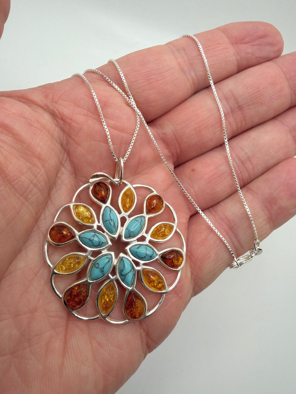 Handmade Sterling Silver Baltic Amber & Gemstone Round Pendant – Honey, Lemon Amber, Turquoise or Amethyst – Statement Jewelry Necklace