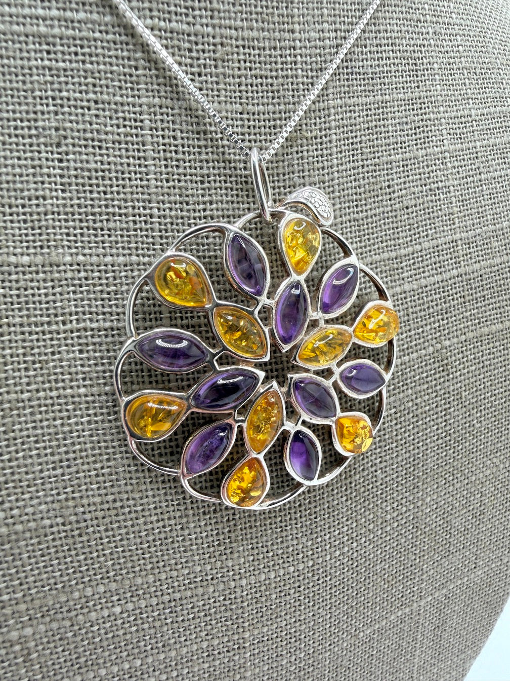 Handmade Sterling Silver Baltic Amber & Gemstone Round Pendant – Honey, Lemon Amber, Turquoise or Amethyst – Statement Jewelry Necklace