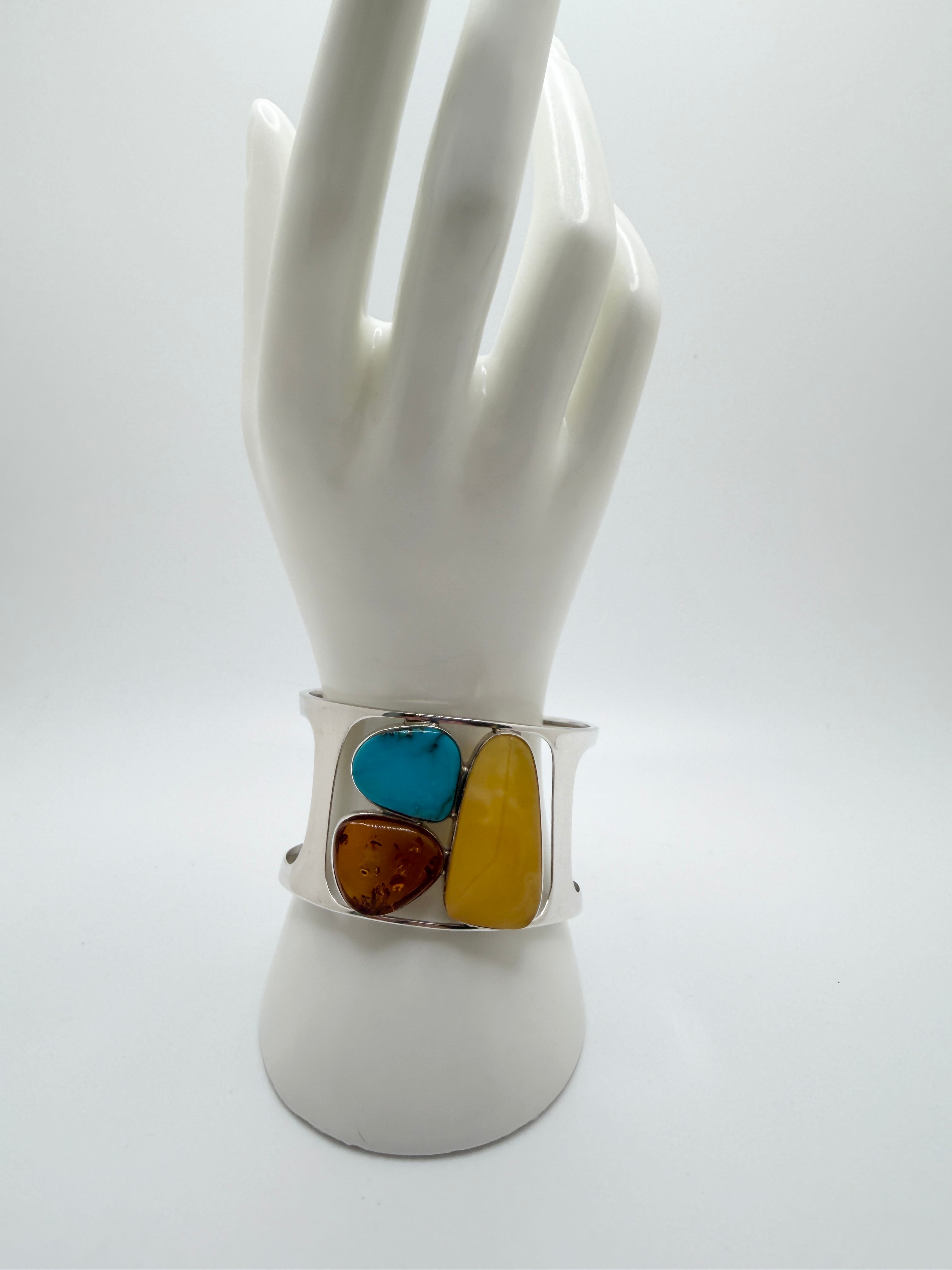 Handmade Sterling Silver Baltic Amber & Sleeping Beauty Turquoise Cuff Bracelet – Oversized Statement Butterscotch & Cognac Amber Jewelry