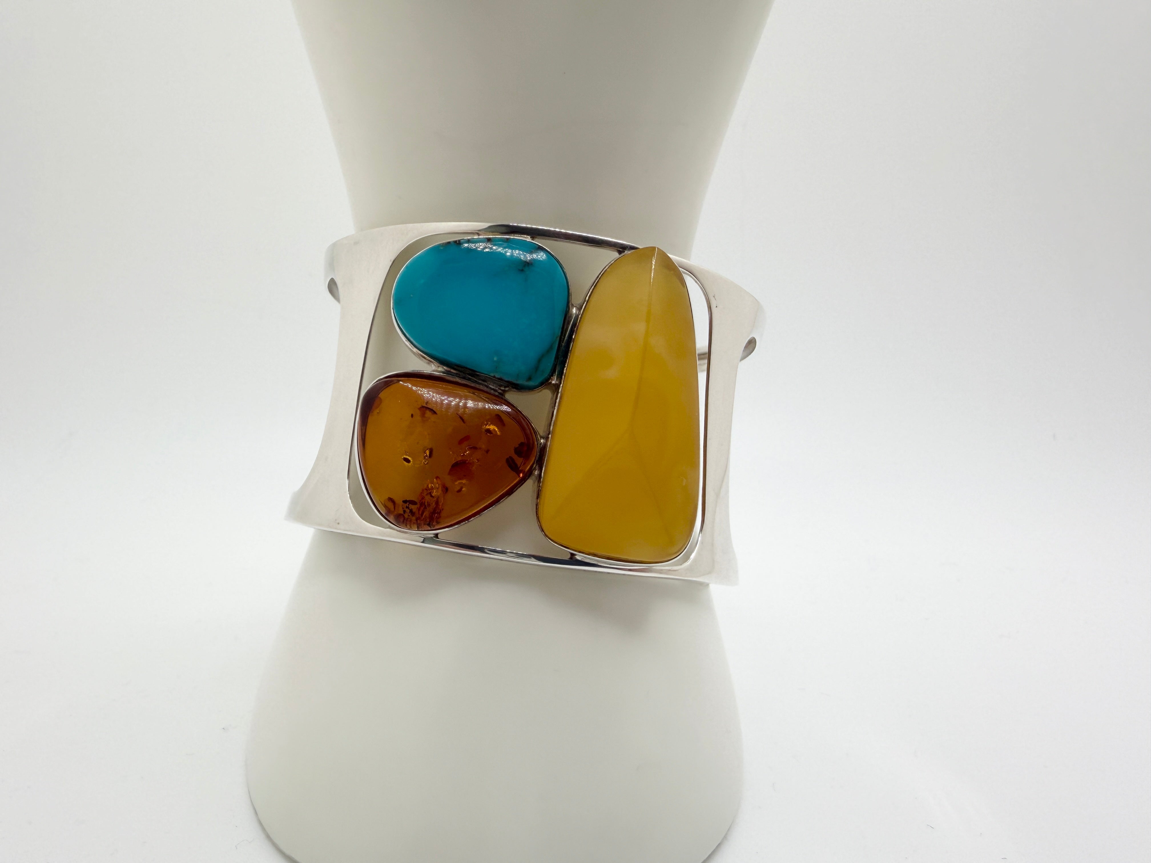 Handmade Sterling Silver Baltic Amber & Sleeping Beauty Turquoise Cuff Bracelet – Oversized Statement Butterscotch & Cognac Amber Jewelry
