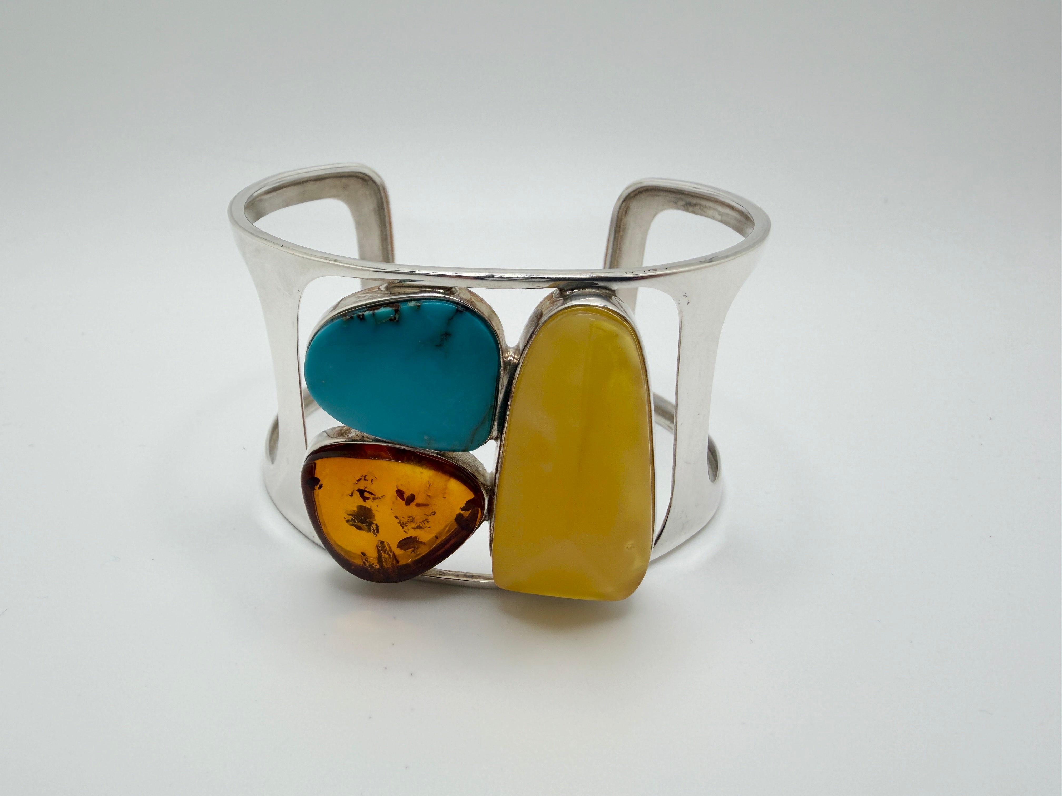 Handmade Sterling Silver Baltic Amber & Sleeping Beauty Turquoise Cuff Bracelet – Oversized Statement Butterscotch & Cognac Amber Jewelry