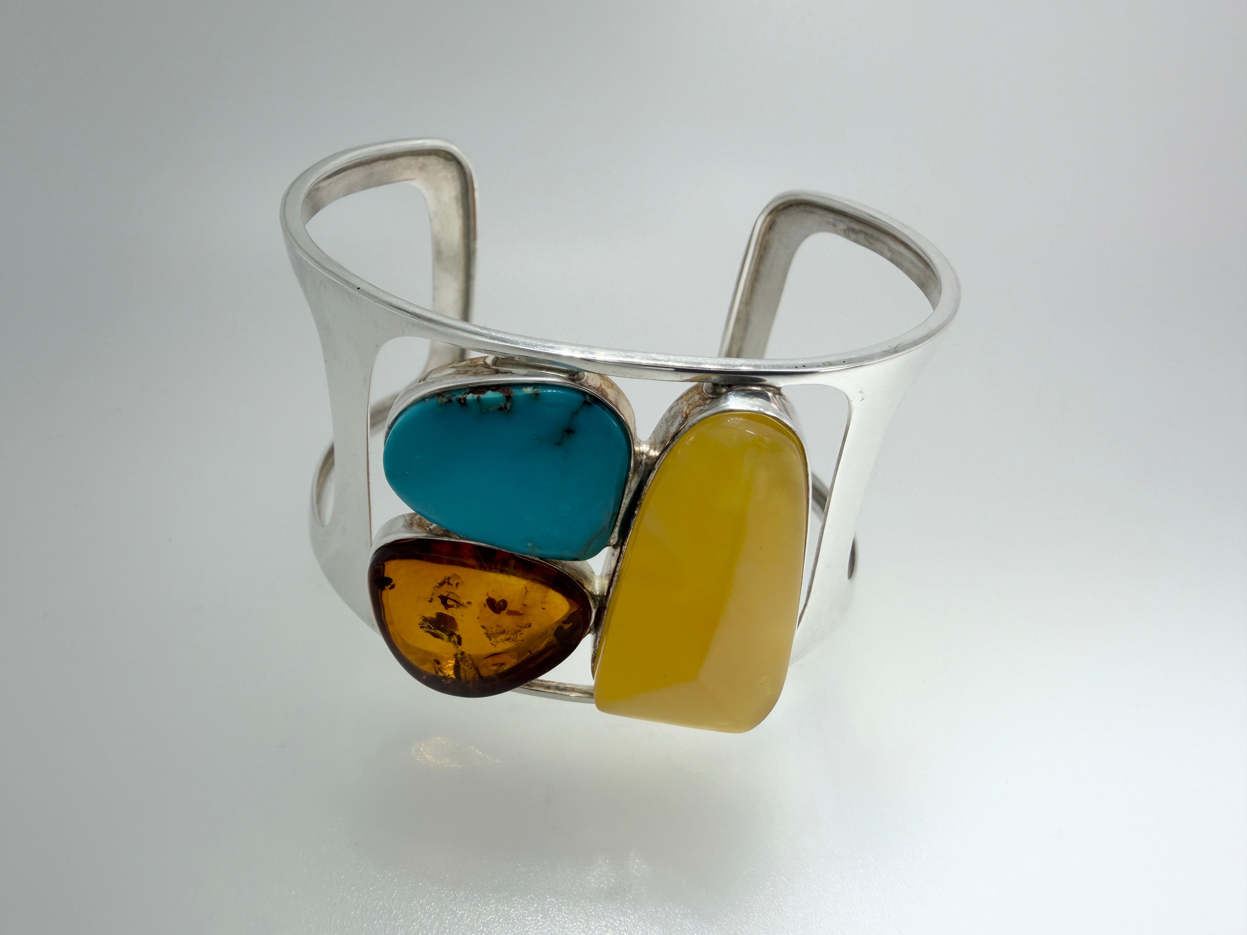 Handmade Sterling Silver Baltic Amber & Sleeping Beauty Turquoise Cuff Bracelet – Oversized Statement Butterscotch & Cognac Amber Jewelry