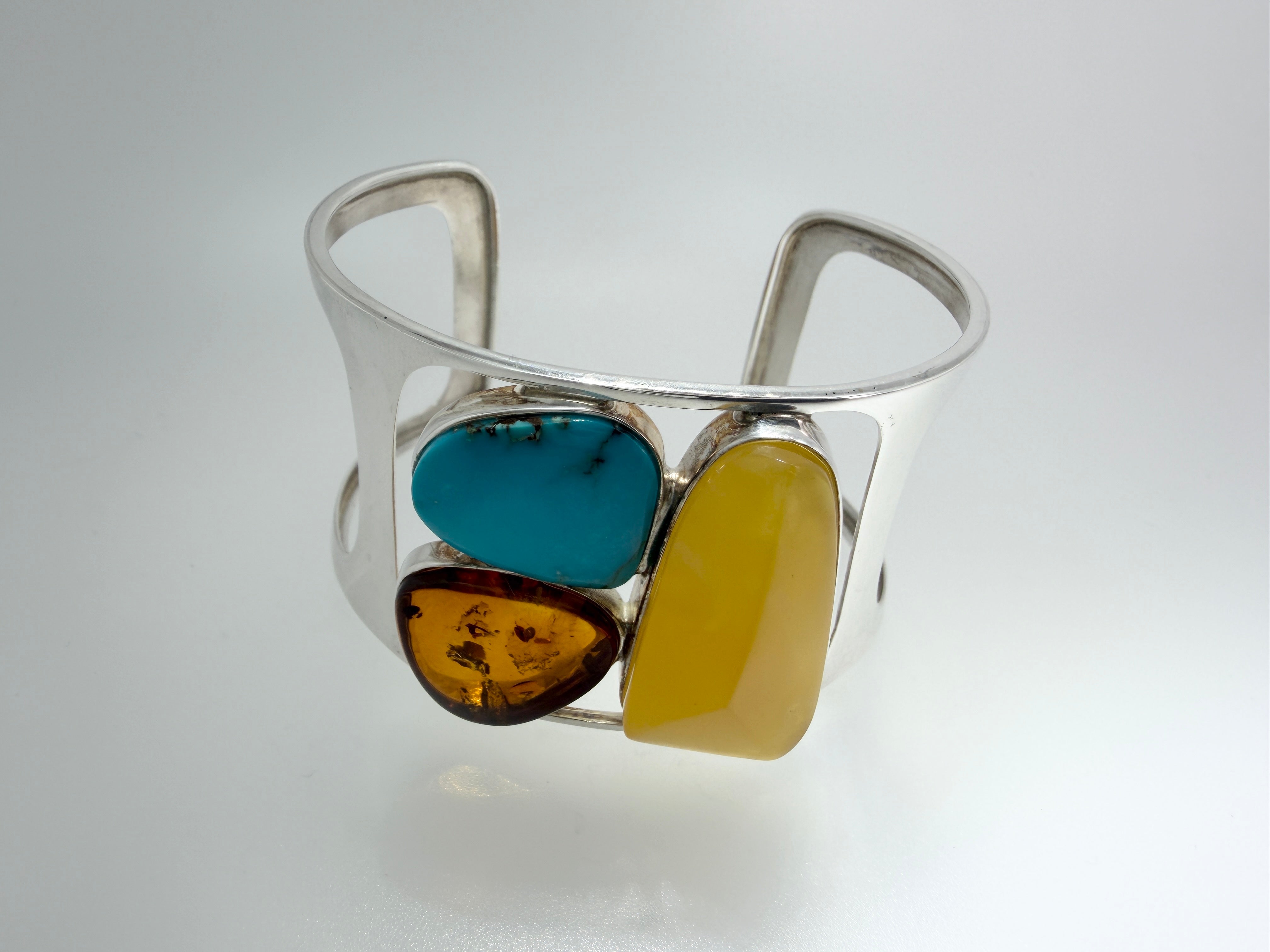 Handmade Sterling Silver Baltic Amber & Sleeping Beauty Turquoise Cuff Bracelet – Oversized Statement Butterscotch & Cognac Amber Jewelry