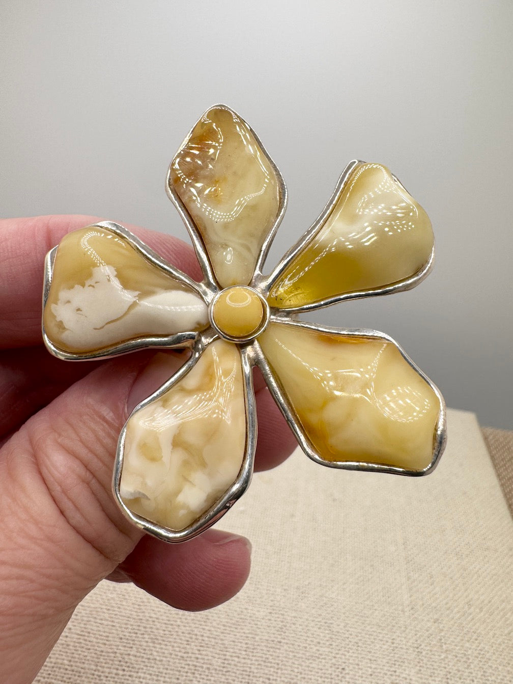 Handmade Sterling Silver Butterscotch Baltic Amber Artistic Flower Statement Ring | Adjustable Open Shank | Museum Quality Jewelry