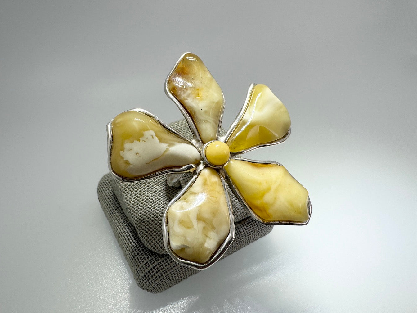 Handmade Sterling Silver Butterscotch Baltic Amber Artistic Flower Statement Ring | Adjustable Open Shank | Museum Quality Jewelry