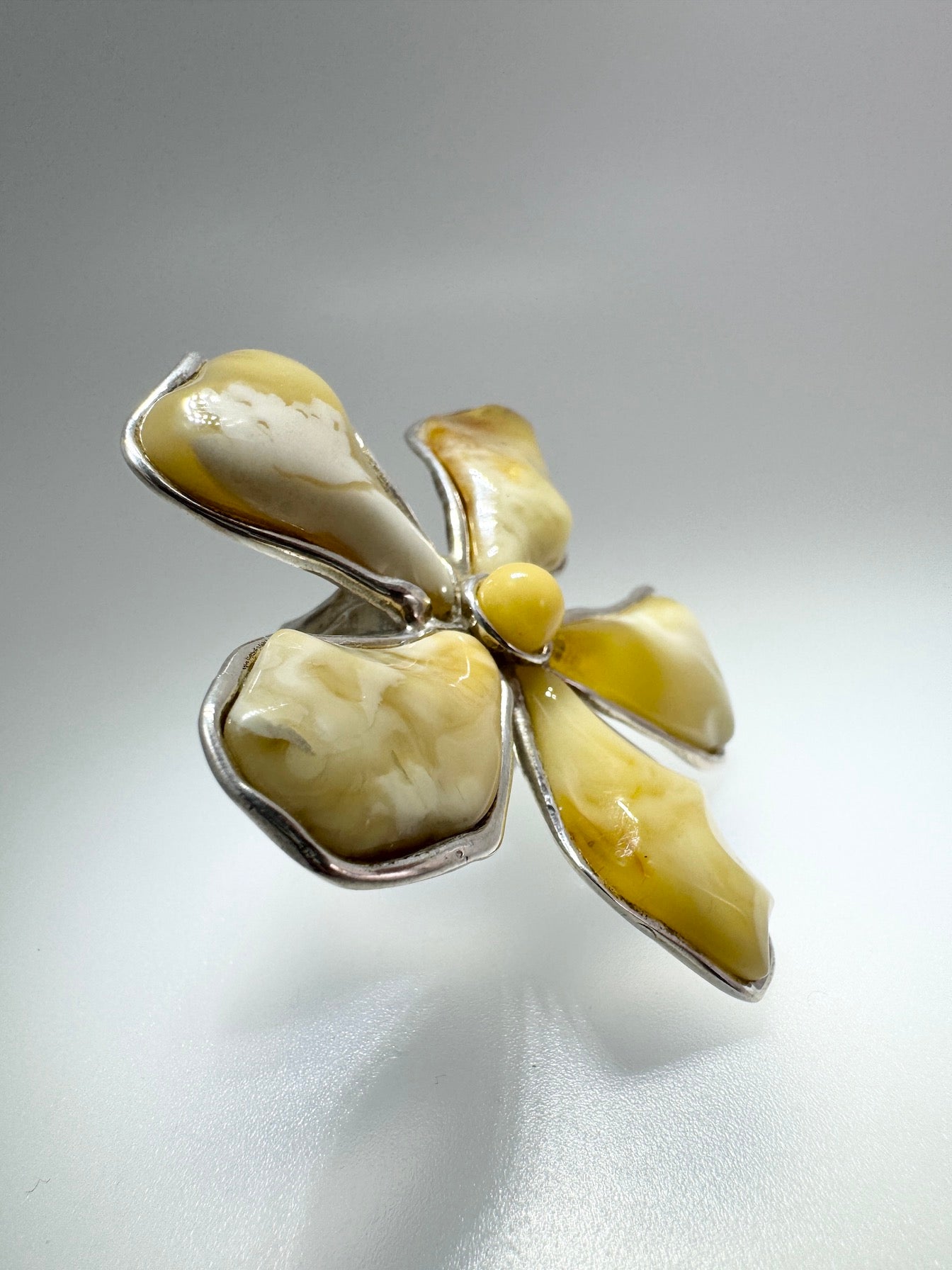 Handmade Sterling Silver Butterscotch Baltic Amber Artistic Flower Statement Ring | Adjustable Open Shank | Museum Quality Jewelry