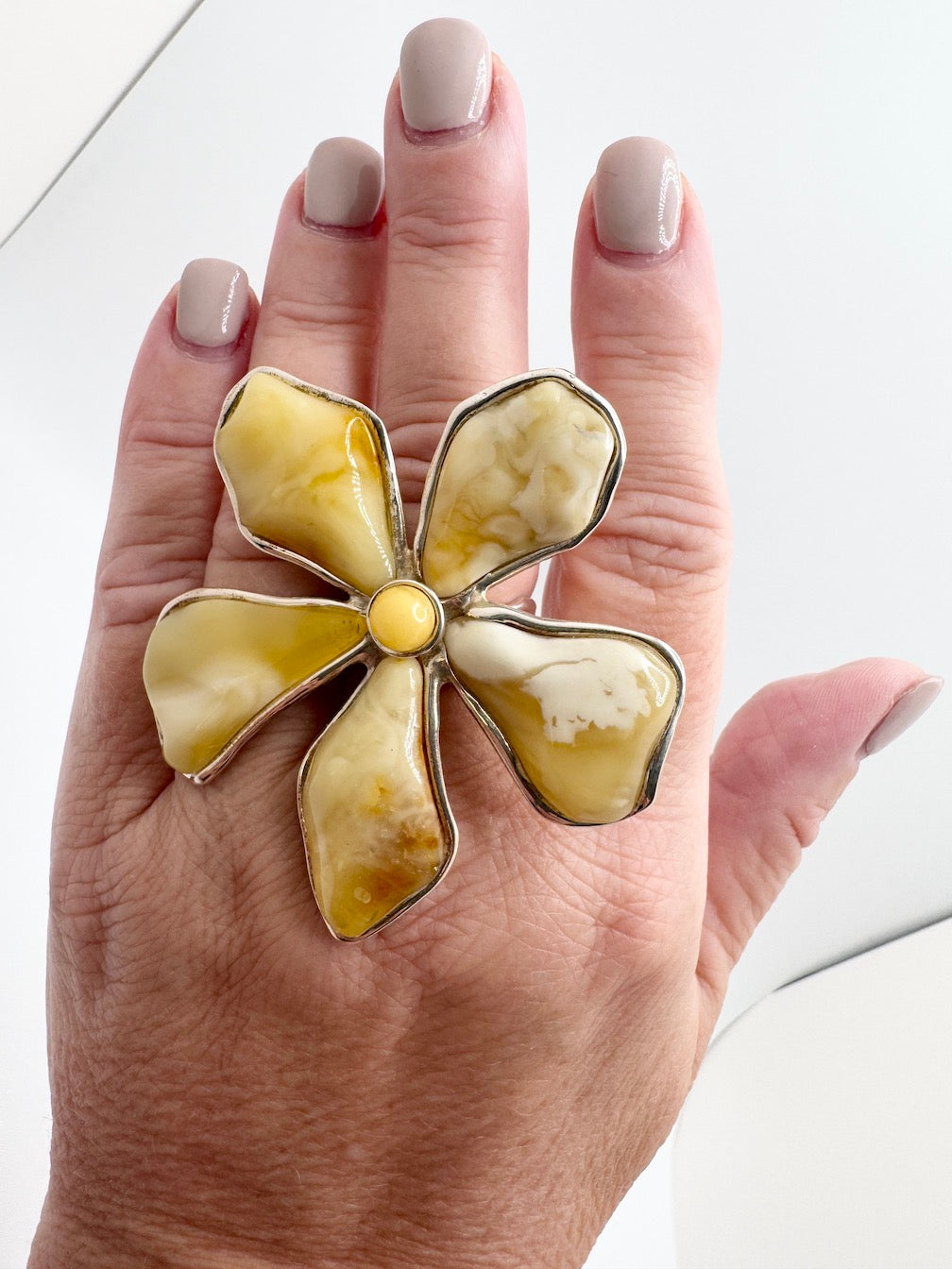 Handmade Sterling Silver Butterscotch Baltic Amber Artistic Flower Statement Ring | Adjustable Open Shank | Museum Quality Jewelry